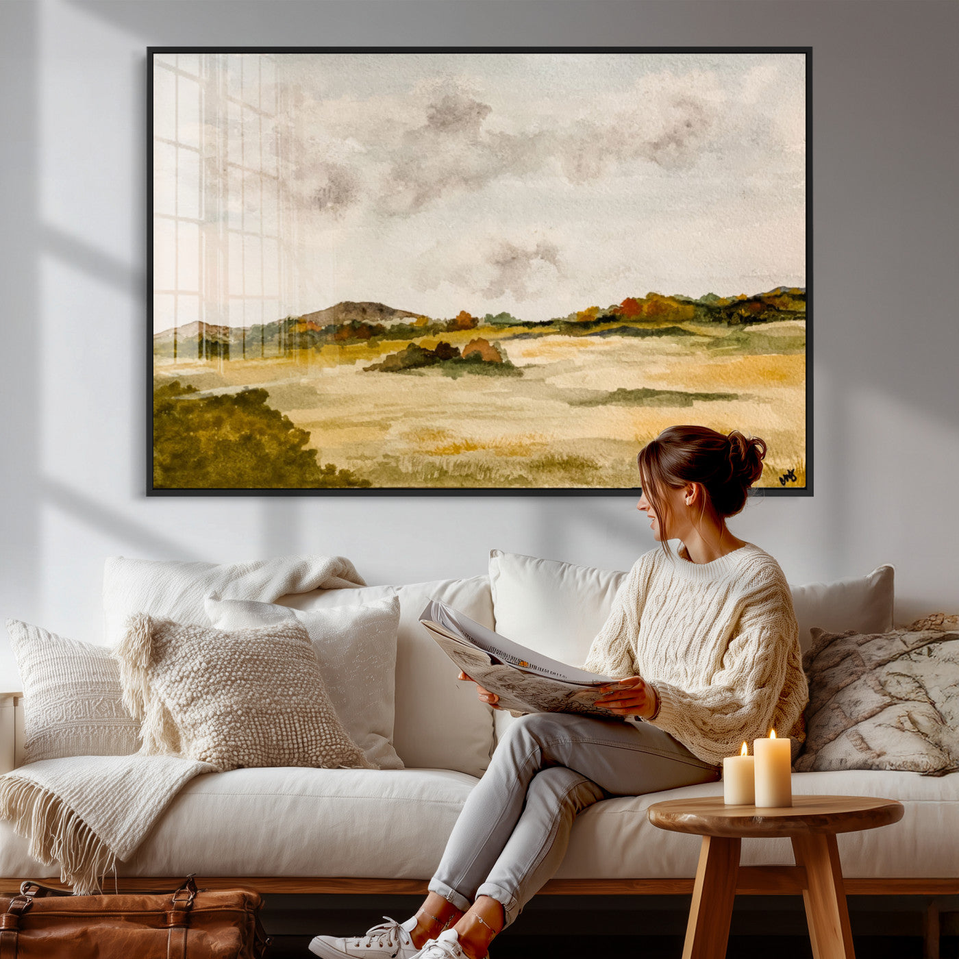 94151004-MGV-CV-36X24 - Watercolor Abstract Countryside Wall Art Canvas Print, Neutral Pastoral Landscape Painting Wall Decor for Modern Farmhouse Interiors