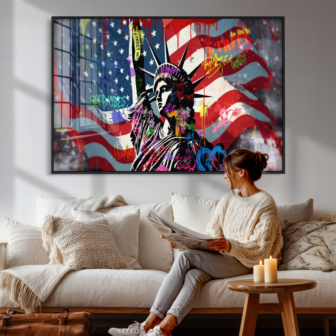 32151941-MGV-CV-36X24 - USA Statue of Liberty Graffiti Street Art Wall Art Canvas Print, American Flag Urban Pop Art Canvas Print, Modern Patriotic Street Art Contemporary Art Printing