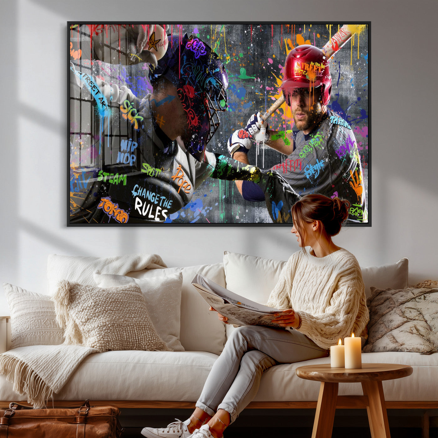 19634994-MGV-CV-36X24 - Graffiti Baseball Player Street Art Wall Art Canvas Print, Urban Sports Pop Art Baseball Canvas Print, Modern Athletic Graffiti Contemporary Art Printing