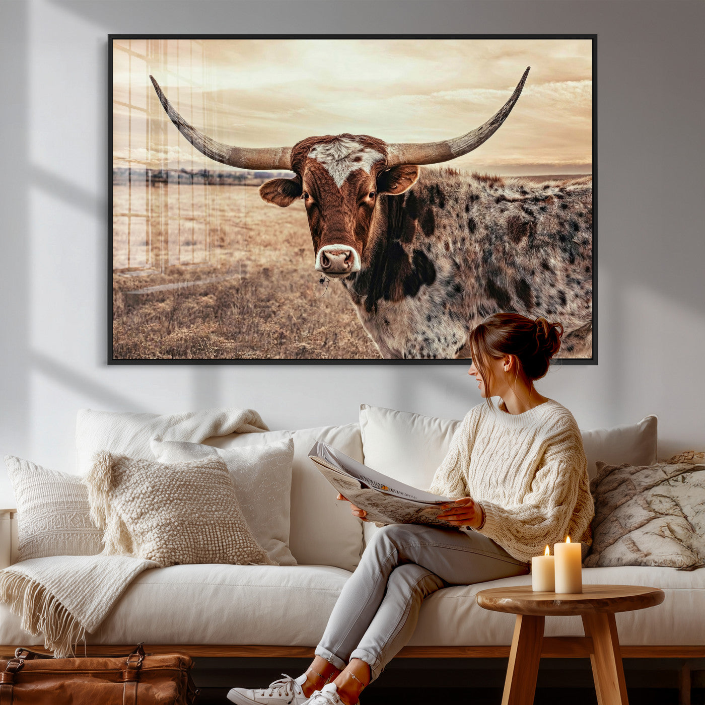 55805825-MGV-CV-36X24 - Texas Longhorn Wall Art Canvas Print – Western Cattle Ranch Artwork for Rustic Farmhouse Decor