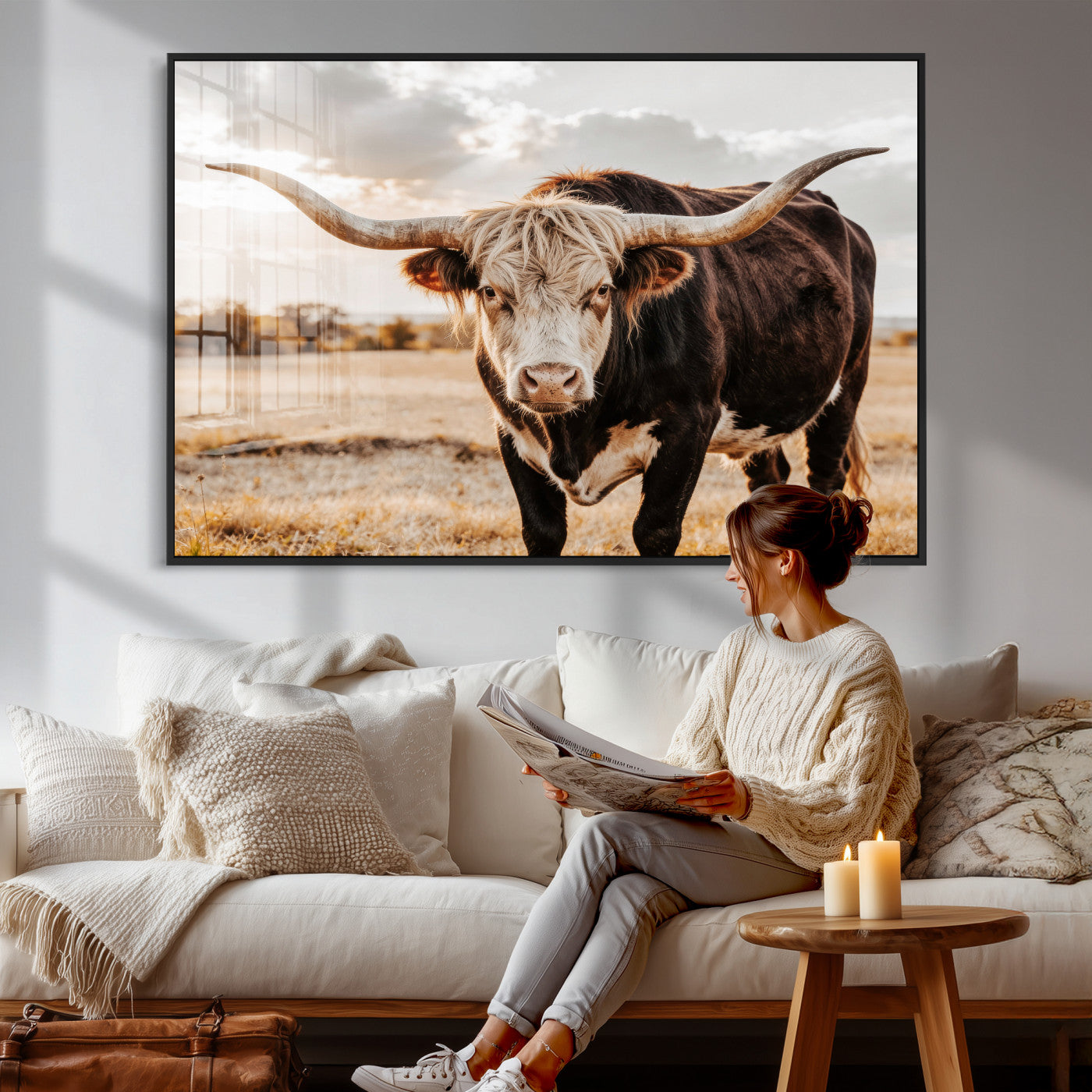 88230279-MGV-CV-36X24 - Texas Longhorn Bull Rustic Wall Art Canvas Print, Western Cattle Photography Canvas Print, Ranch Farm Animal Western Art Printing