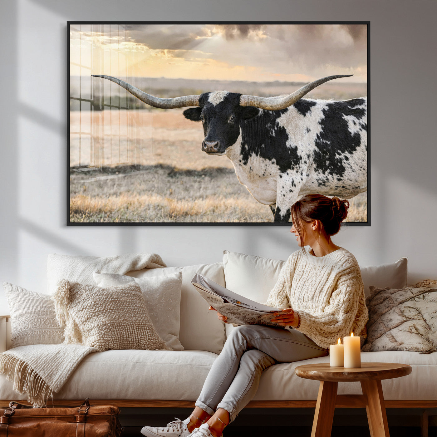 49350433-MGV-CV-36X24 - Texas Longhorn Bull Rustic Wall Art Canvas Print, Western Cattle Photography Canvas Print, Ranch Farm Animal Western Art Printing
