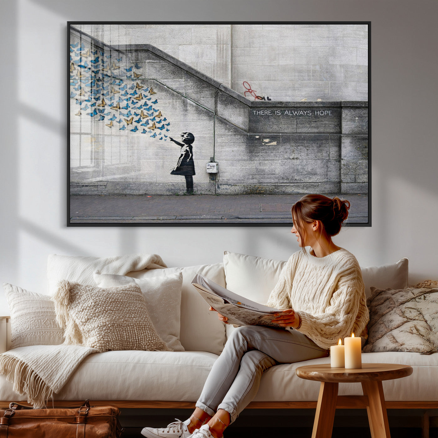 15274223-MGV-CV-36X24 - Banksy Girl with Butterflies Street Art Wall Art Canvas Print, Hope Graffiti Urban Art Canvas Print, Minimalist Inspirational Street Art Contemporary Art Printing