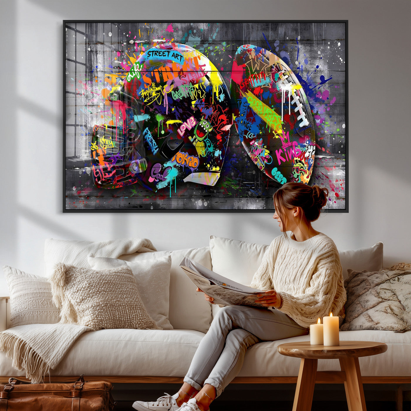 80540773-MGV-CV-36X24 - Graffiti American Football Helmet Street Art Wall Art Canvas Print, Urban Sports Pop Art Football Canvas Print, Colorful Graffiti Sports Contemporary Art Printing