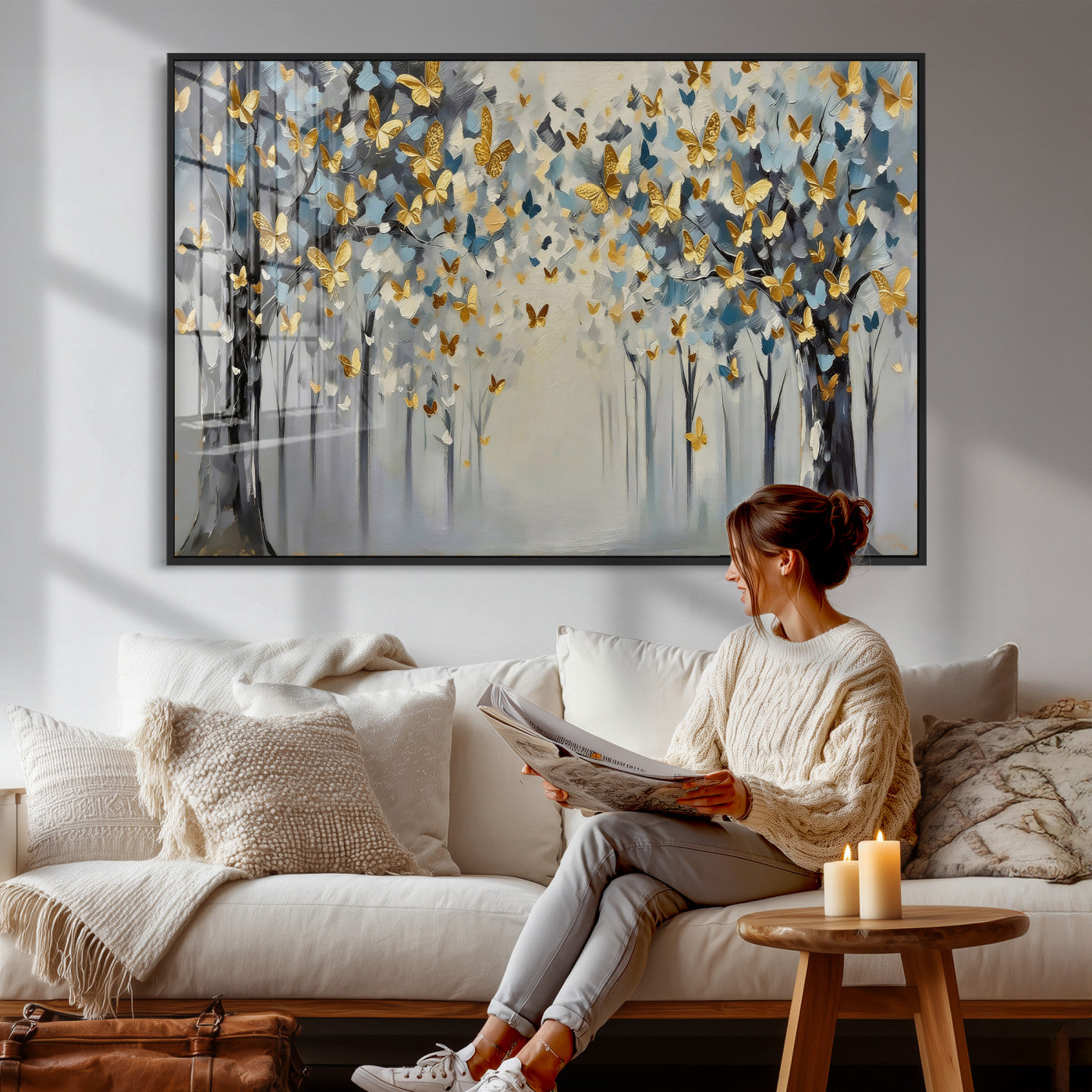 79208191-MGV-CV-36X24 - Golden Butterfly Tree Abstract Wall Art Canvas Print, Modern Elegant Nature Painting Canvas Print, Blue Gold Contemporary Floral Art Printing