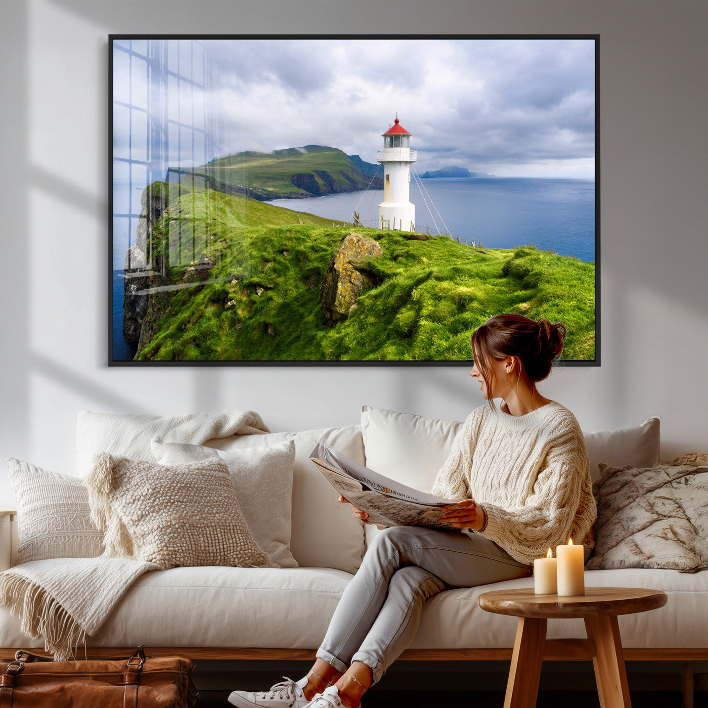 10680390-MGV-CV-36X24 - Coastal Lighthouse Wall Art Canvas Print, Cliffside Ocean Landscape Canvas Print, Scandinavian Coastal Decor for Living Room