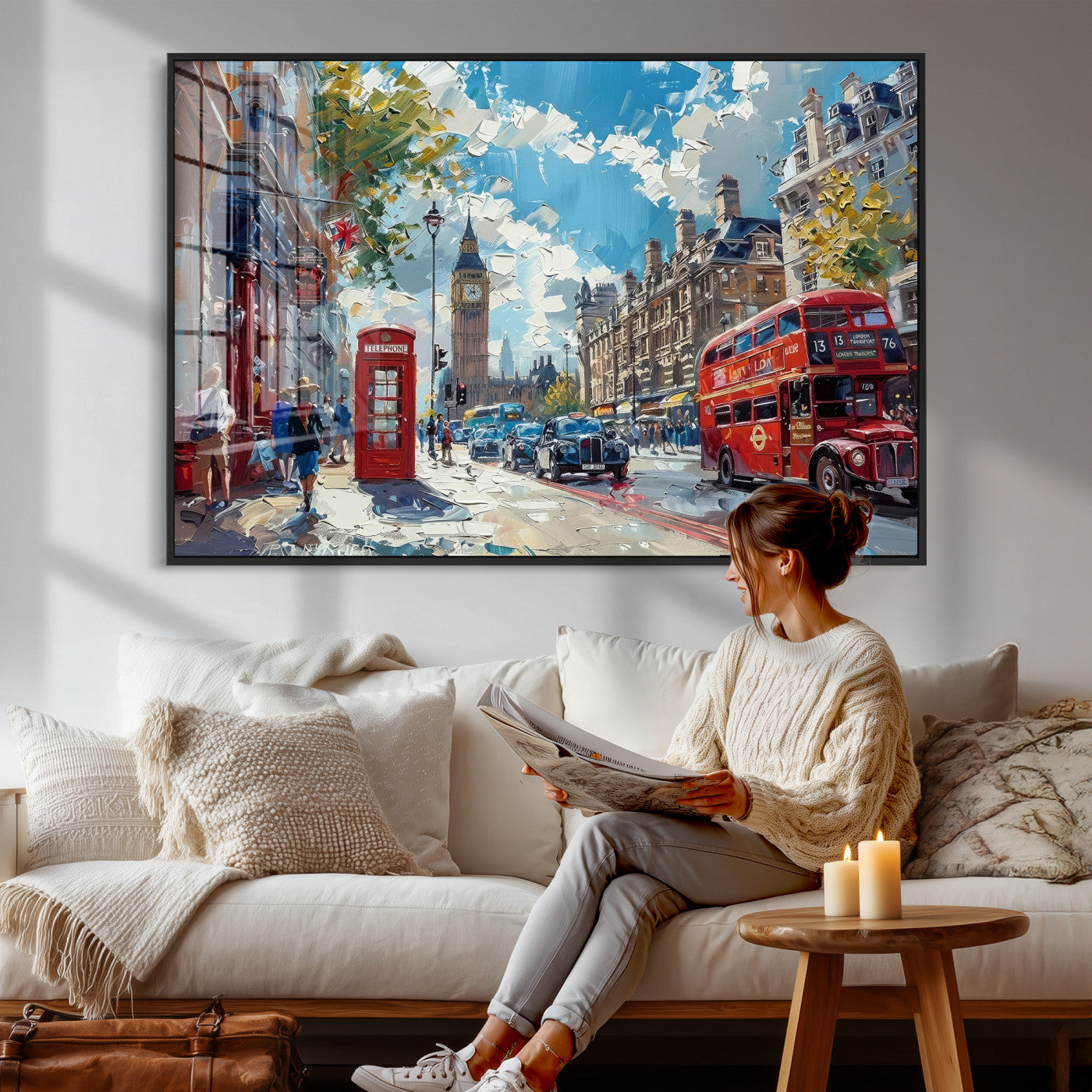 17630888-MGV-CV-36X24 - London Street Canvas Wall Art — Big Ben Red Bus Print | Oil Painting Style | UK City Wall Decor | Travel Art Gift | Living Room Print