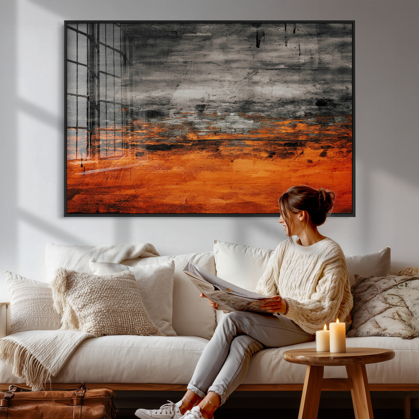 75409282-MGV-CV-36X24 - Black Orange Abstract Wall Art Canvas Print Modern Textured Painting Decor