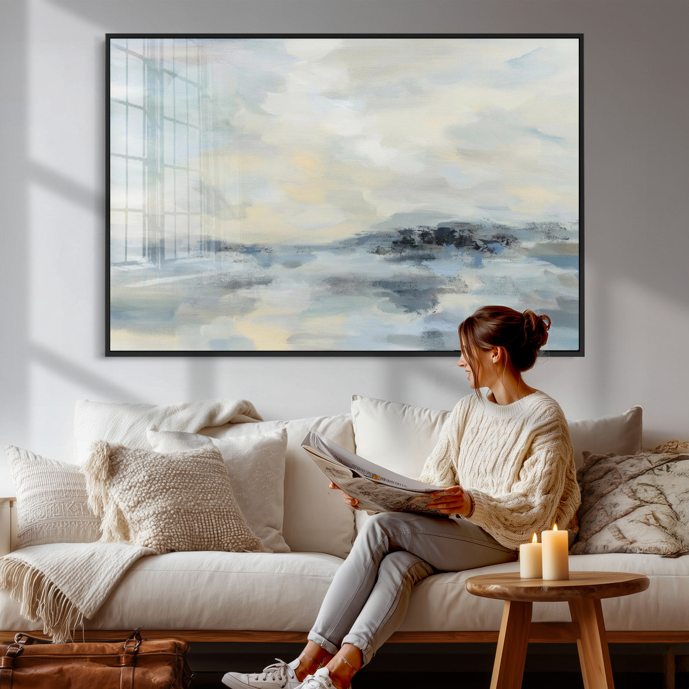 24647355-MGV-CV-36X24 - Abstract Coastal Landscape Wall Art Canvas Print – Soft Blue Gray Minimalist Painting