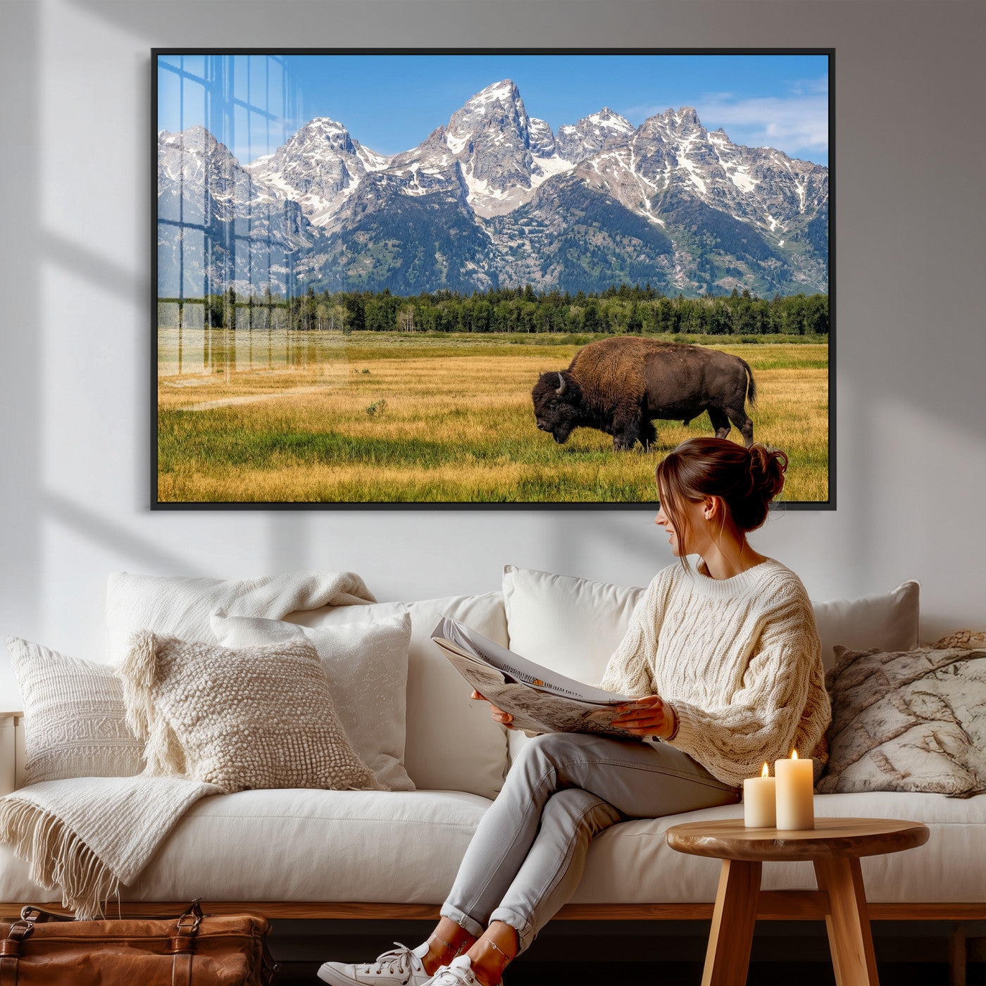 20424529-MGV-CV-36X24 - Bison in Mountain Landscape Wall Art Canvas Print – Western Wildlife Artwork for Rustic Living Room Decor