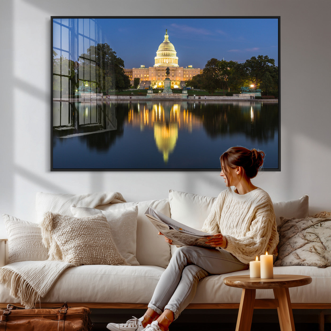 95568590-MGV-CV-36X24 - US Capitol Building Wall Art Canvas Print – Washington DC Landmark Night Reflection Artwork for Office Decor