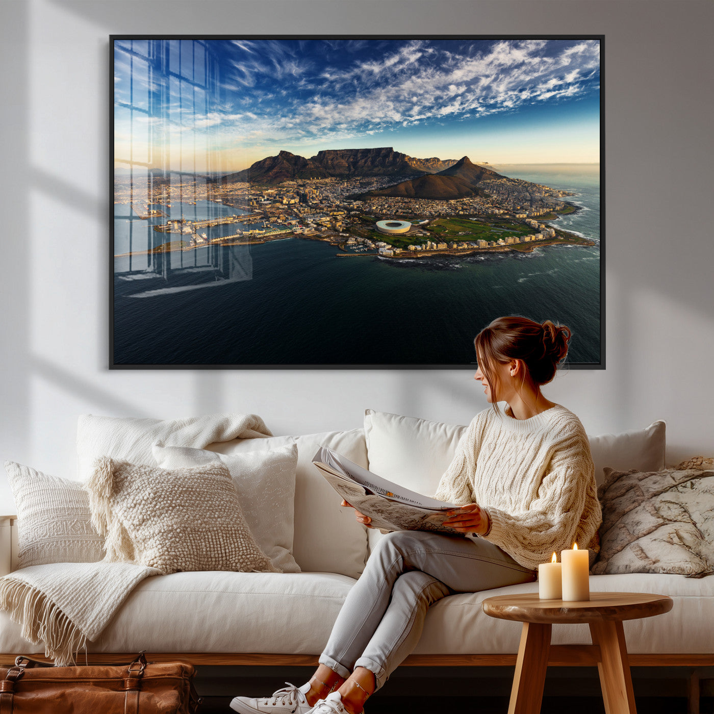 14654591-MGV-CV-36X24 - Cape Town Skyline Wall Art Canvas Print – Table Mountain Coastal Cityscape Artwork for Modern Office Decor