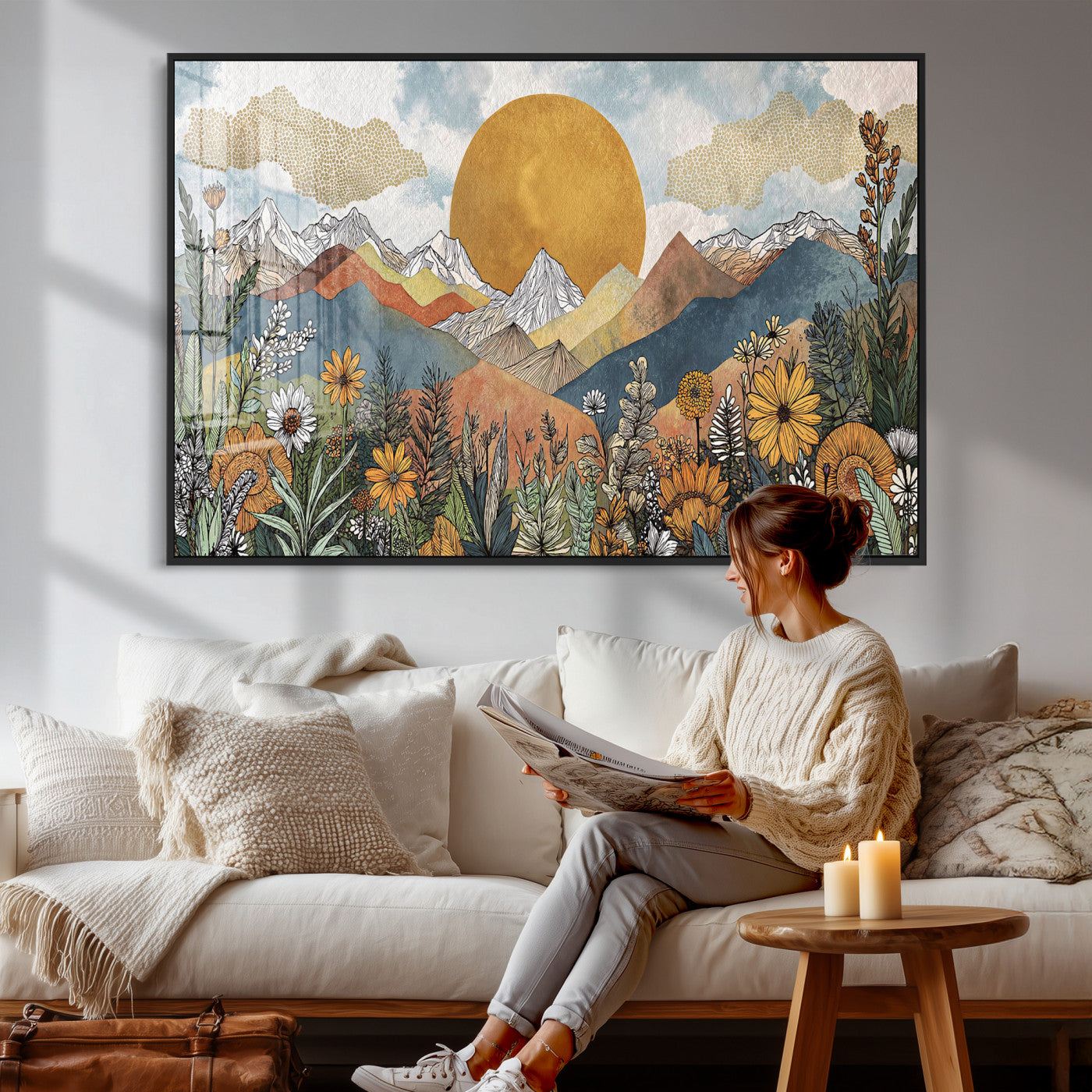 17540863-MGV-CV-36X24 - Boho Mountain Landscape Large Wall Art, Horizontal Gold Framed Canvas Print with Sun and Flowers