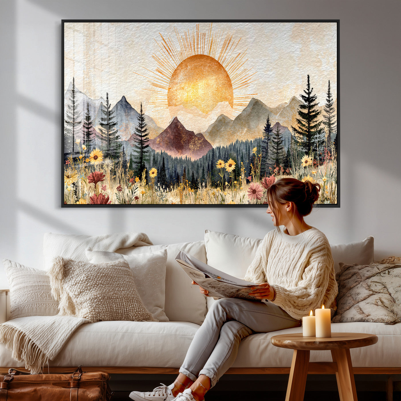 69025244-MGV-CV-36X24 - Boho Mountain Landscape Large Wall Art, Horizontal Gold Framed Canvas Print with Sun and Flowers