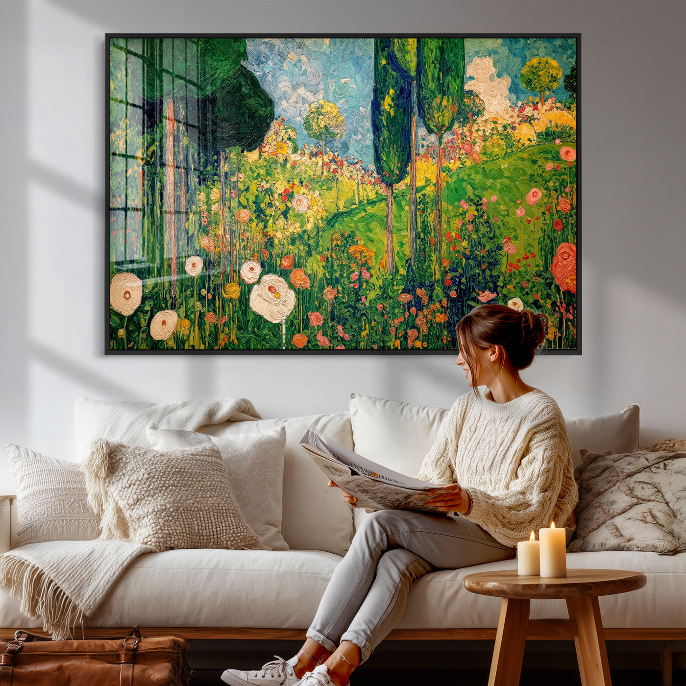 83517974-MGV-CV-36X24 - Gustav Klimt Boho Mountain Landscape Large Wall Art, Horizontal Gold Framed Canvas Print with Sun and Flowers