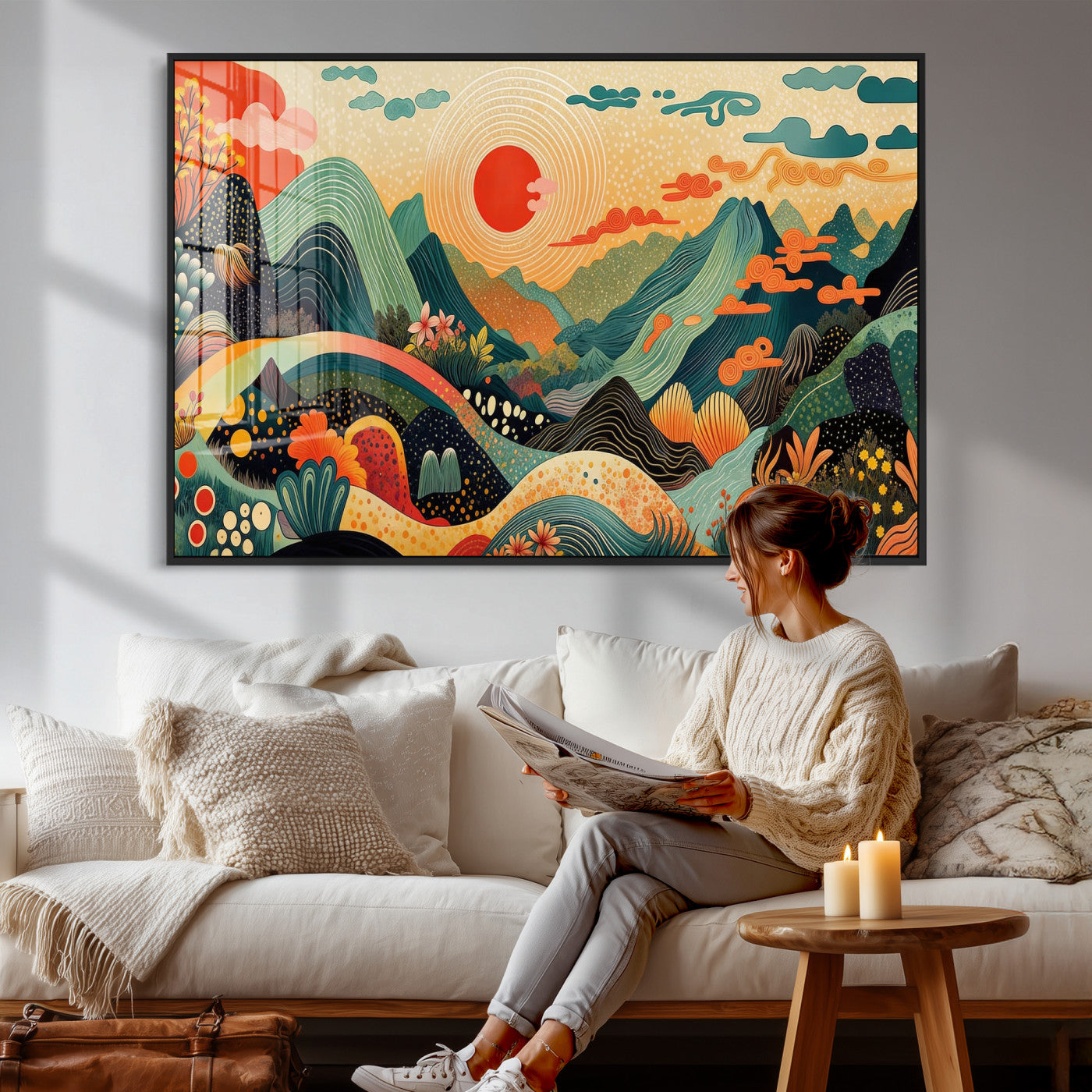 29927191-MGV-CV-36X24 - Yayoi Kusama Boho Mountain Landscape Large Wall Art, Horizontal Gold Framed Canvas Print with Sun and Flowers