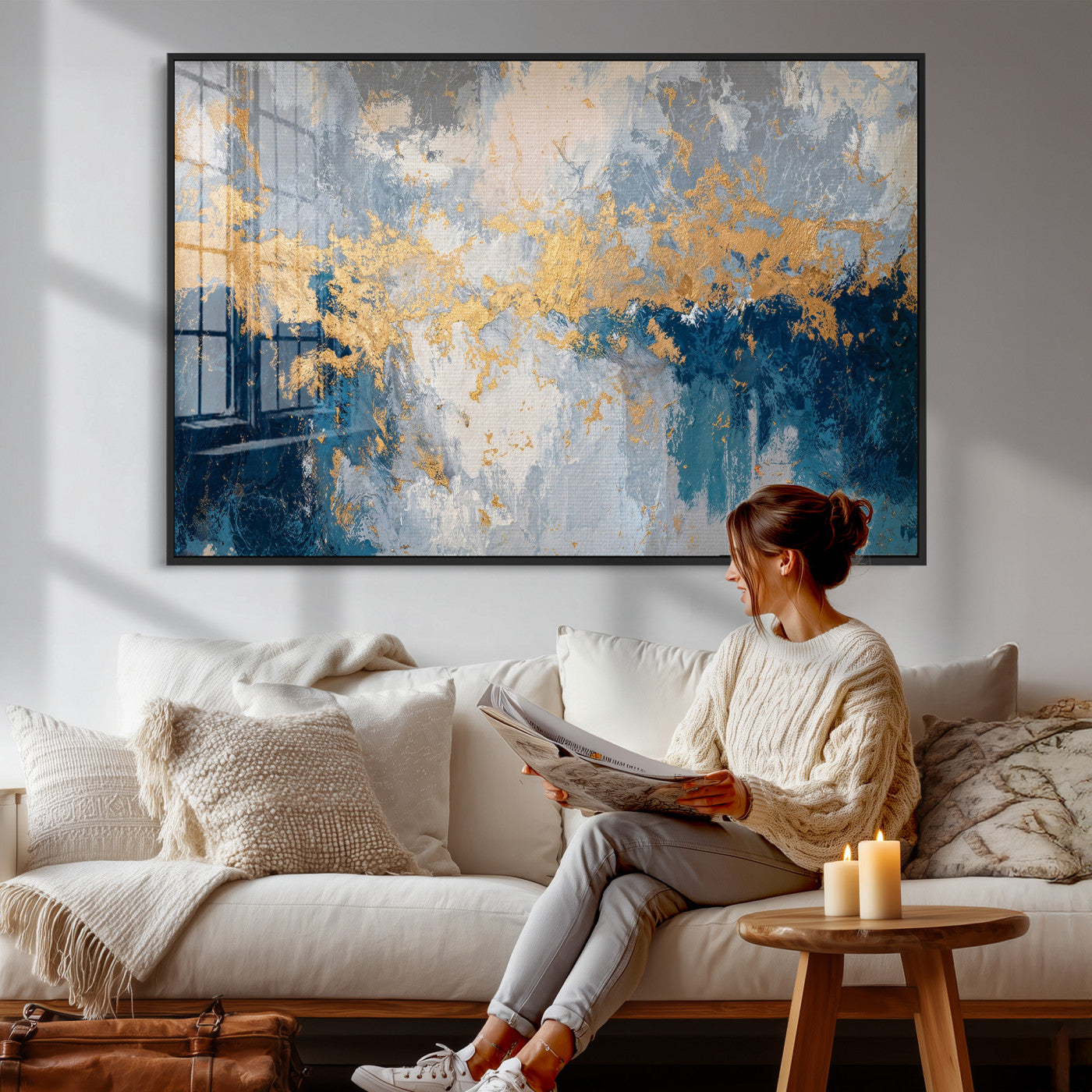 65386119-MGV-CV-36X24 - Blue Gold Abstract Large Framed Canvas Wall Art, Modern Luxury Painting Print in Horizontal Oversized Minimal Wall Decor Artwork