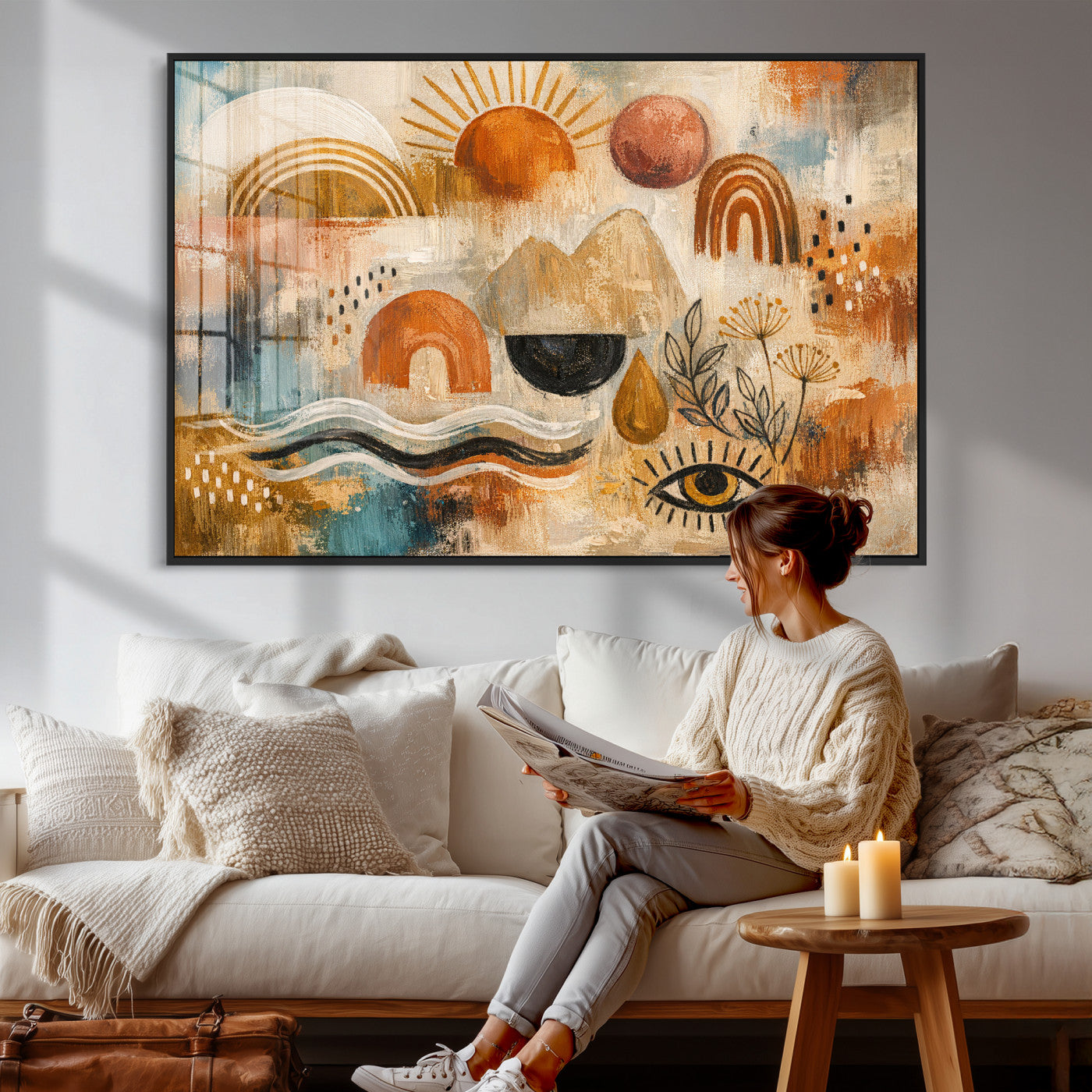 52155239-MGV-CV-36X24 - Geometric Boho Abstract Wall Art Canvas Print, Orange Blue Abstract Expressionist Painting Print, Modern Geometric Abstract Canvas Art