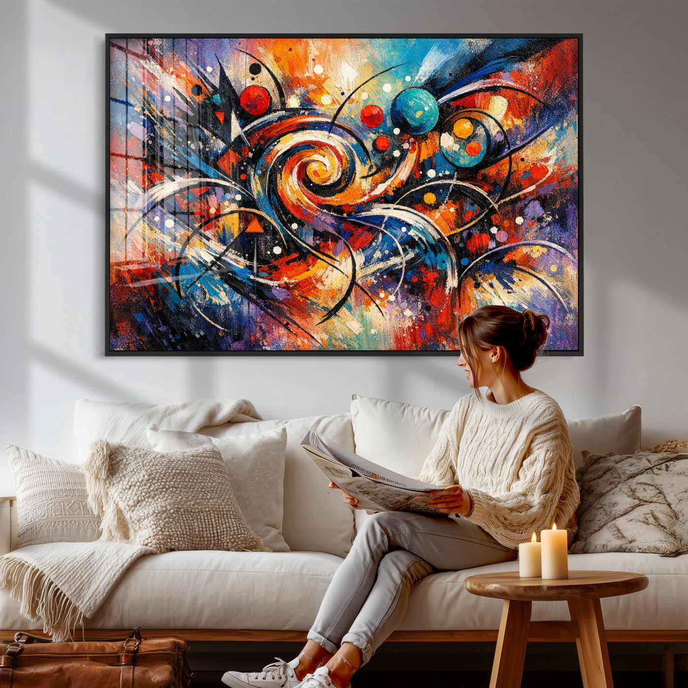 60193267-MGV-CV-36X24 - Geometric Abstract Wall Art Canvas Print, Orange Blue Abstract Expressionist Painting Print, Modern Geometric Abstract Canvas Art