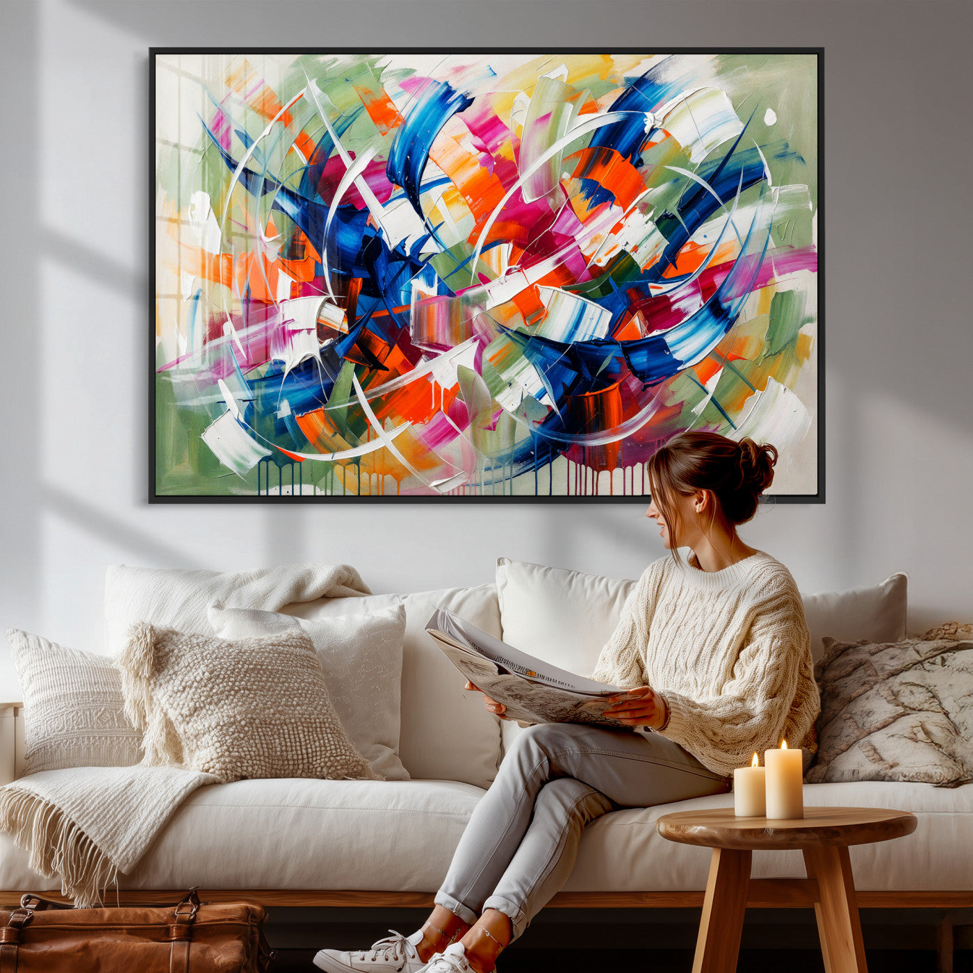 15032888-MGV-CV-36X24 - Geometric Abstract Wall Art Canvas Print, Orange Blue Abstract Expressionist Painting Print, Modern Geometric Abstract Canvas Art