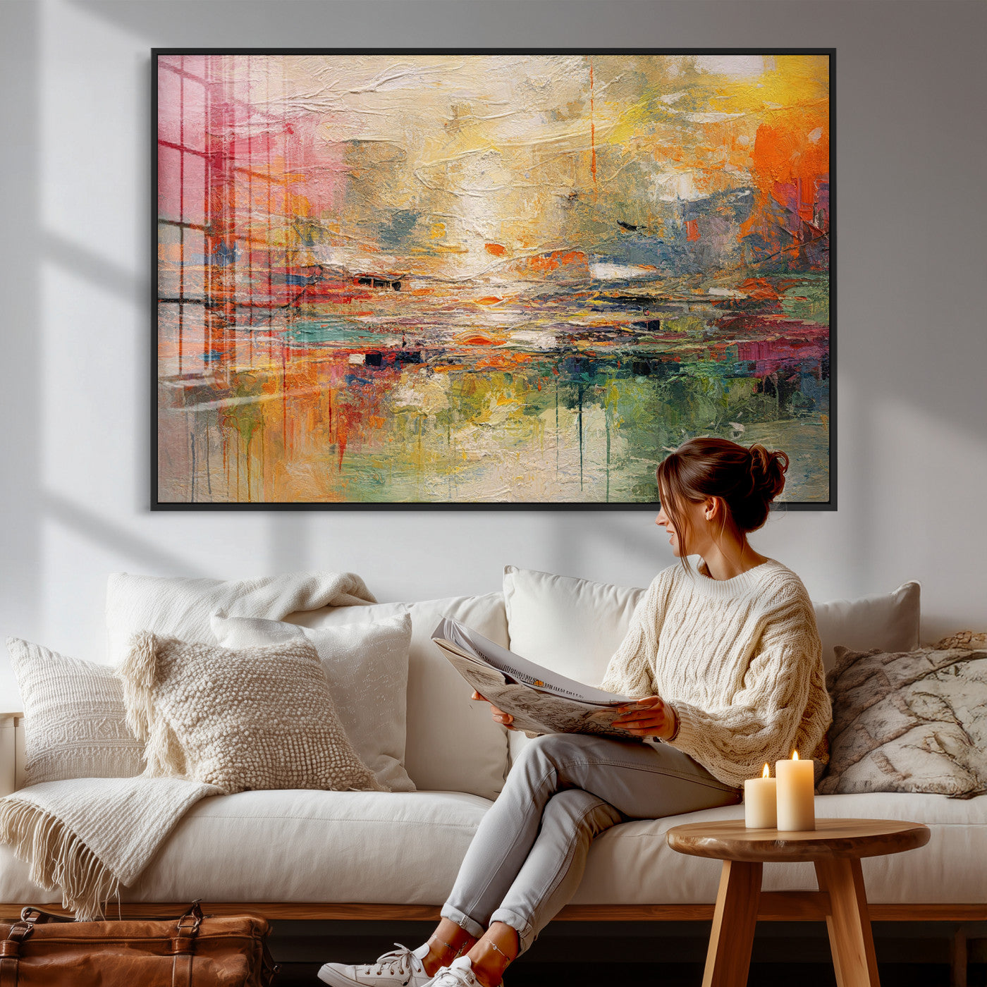 4712069P1-MGV-CV-36X24 - Colorful Abstract Canvas Wall Art — Large Textured Oil Painting Style Print | Orange Red Boho Wall Decor | Modern Living Room Art | Bold Wall Art