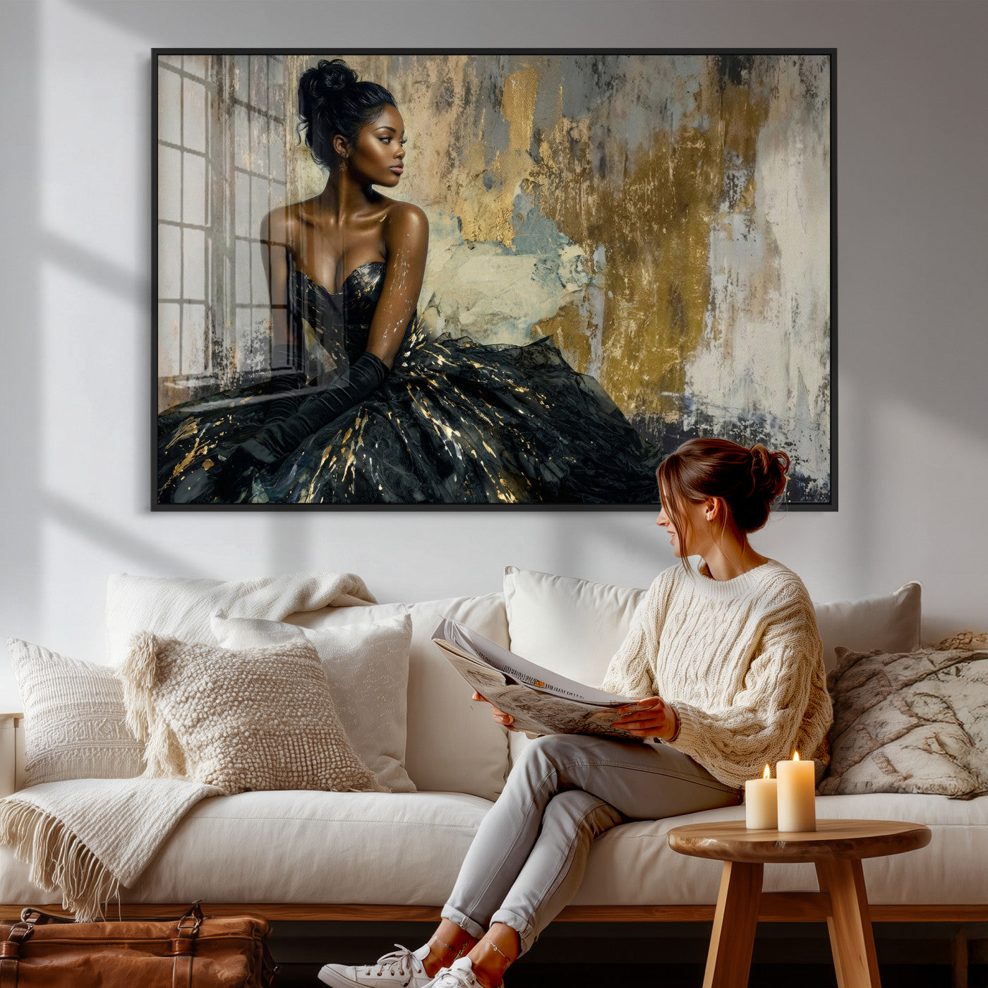 4712069Z1-MGV-CV-36X24 - Elegant Woman Canvas Wall Art — Black Gold Gown Fashion Print | Luxury Glam Wall Decor | African American Art | Bold Bedroom Wall Art Gift