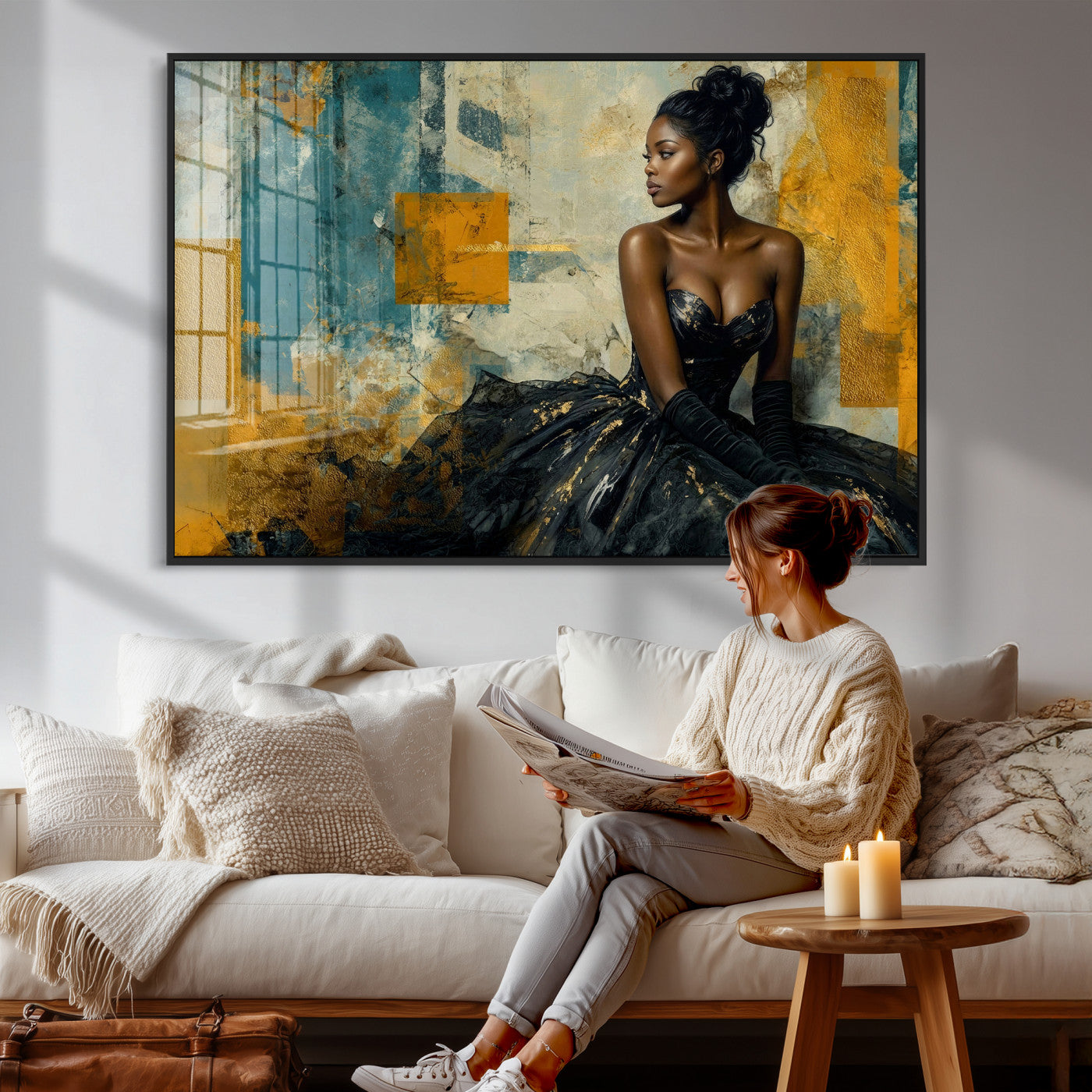 4712069Z21-MGV-CV-36X24 - Elegant Woman Canvas Wall Art — Black Gold Gown Fashion Print | Luxury Glam Wall Decor | African American Art | Bold Bedroom Wall Art Gift