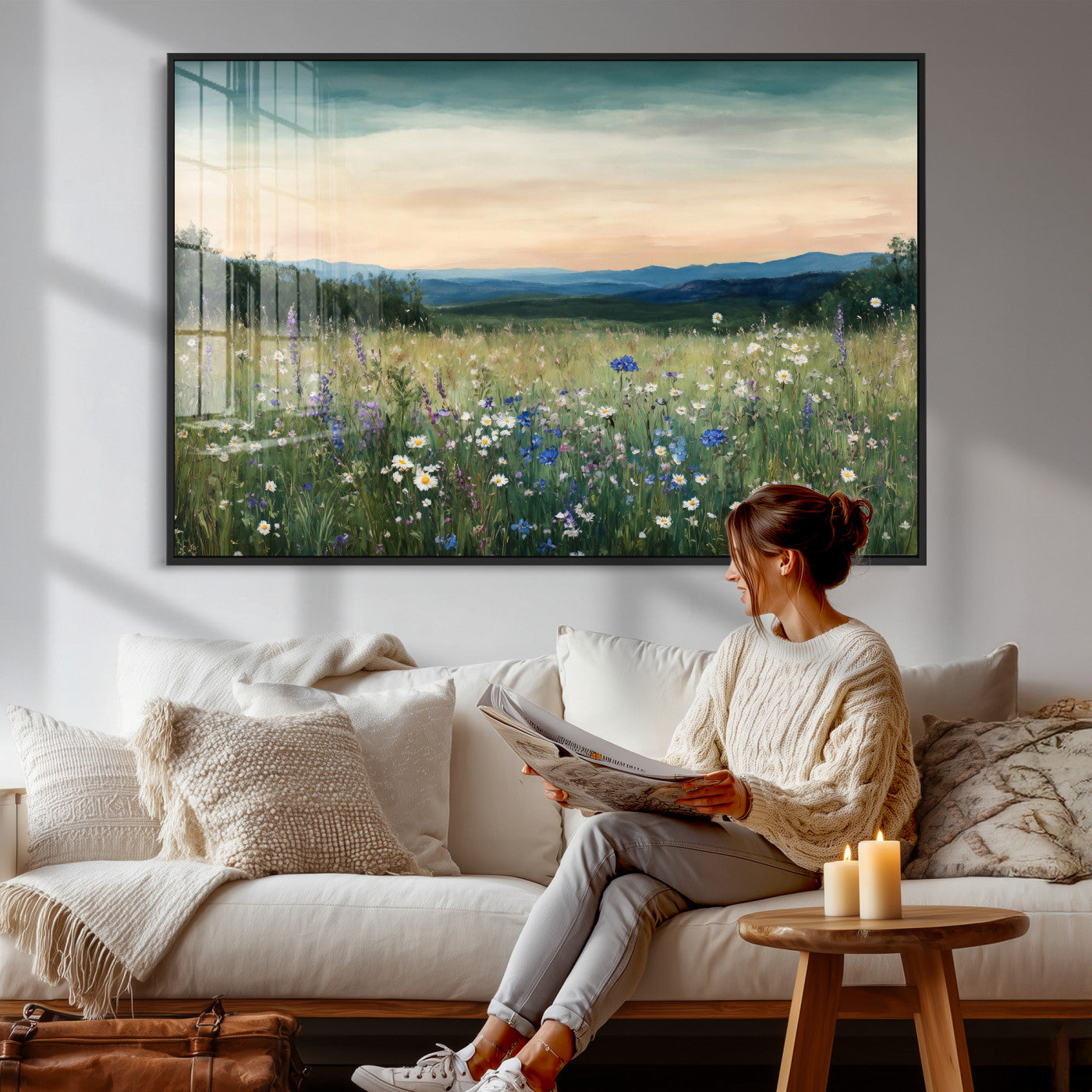 35773805-MGV-CV-36X24 - Wildflower Meadow Oil Painting Canvas — Daisy Lavender Mountain Sunset Print | Cottagecore Floral Wall Art | Bedroom Decor Gift for Her