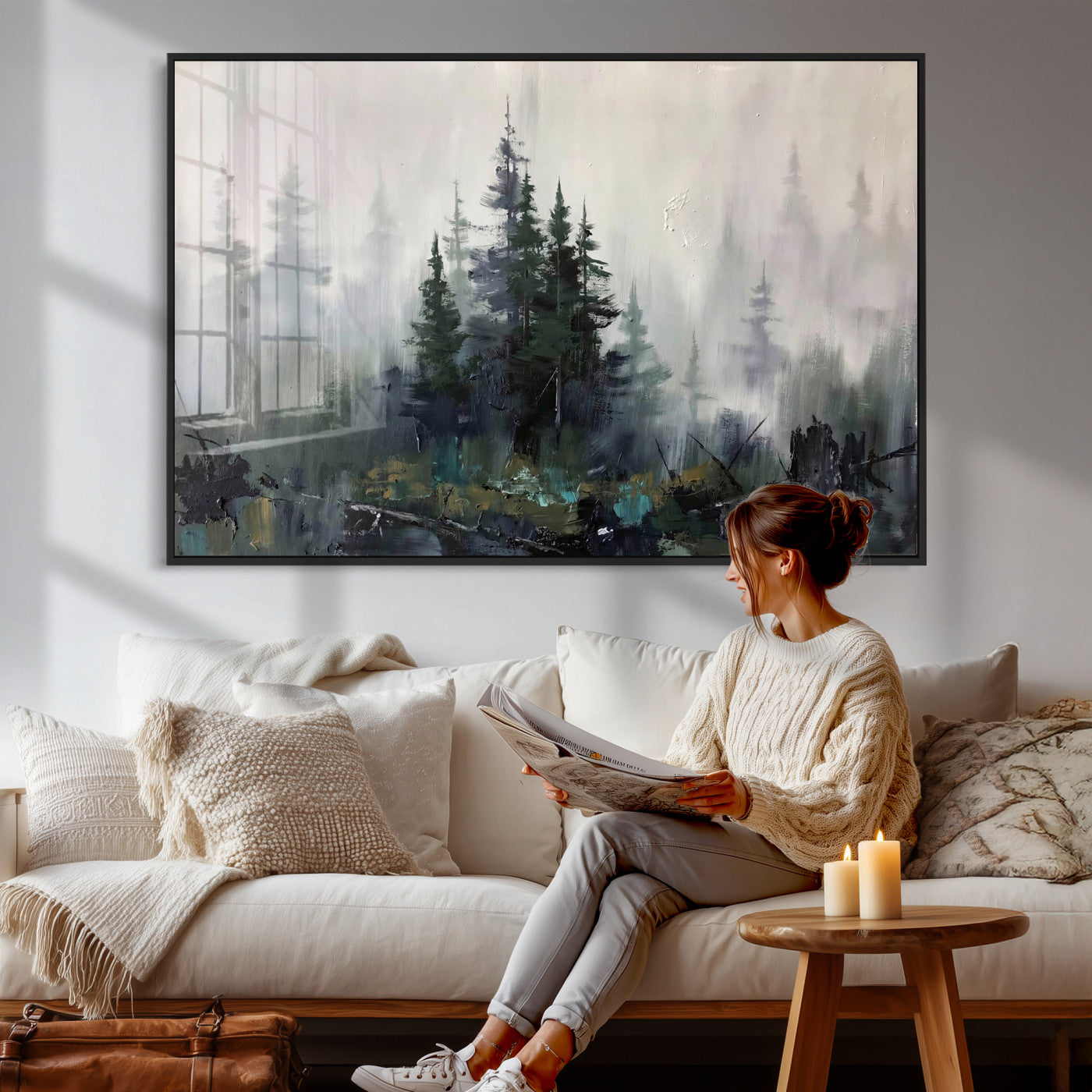 94143325-MGV-CV-36X24 - Misty Pine Forest Oil Painting Canvas — Dark Moody Teal Grey Tree Print | Japandi Scandinavian Wall Art | Minimalist Nature Decor Gift