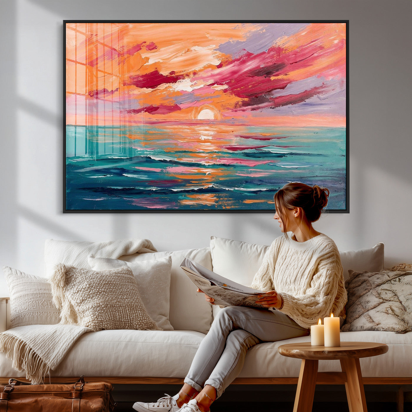 26763902-MGV-CV-36X24 - Bold Palette Knife Ocean Sunset Canvas — Orange Pink Teal Expressionist Sea Print | Colorful Coastal Wall Art | Vibrant Beach Decor Gift
