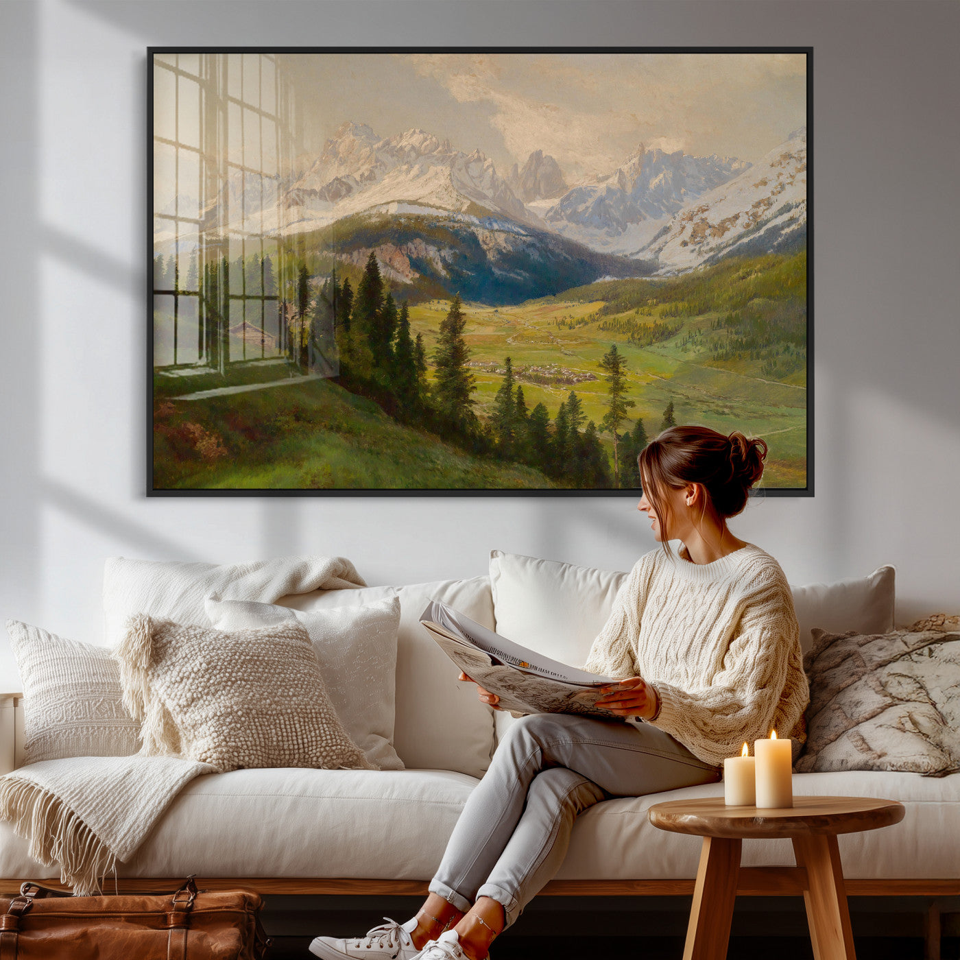 23120262-MGV-CV-36X24 - Konrad Petrides Sexten Village Canvas Print, Alpine Mountain Valley Painting, Dolomites Landscape Art