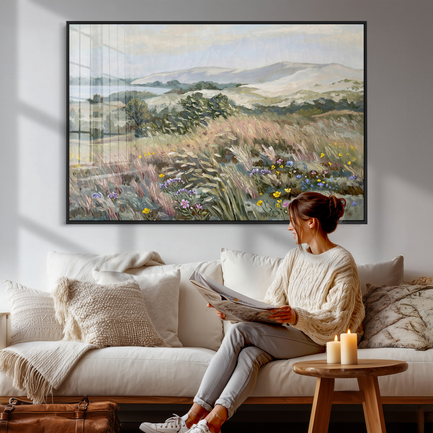 18013232-MGV-CV-36X24 - Katie Staples Hillside Canvas Wall Art — Coastal Wildflower Dune Oil Painting Print | Muted Green Nature Decor | Plein Air Landscape Gift
