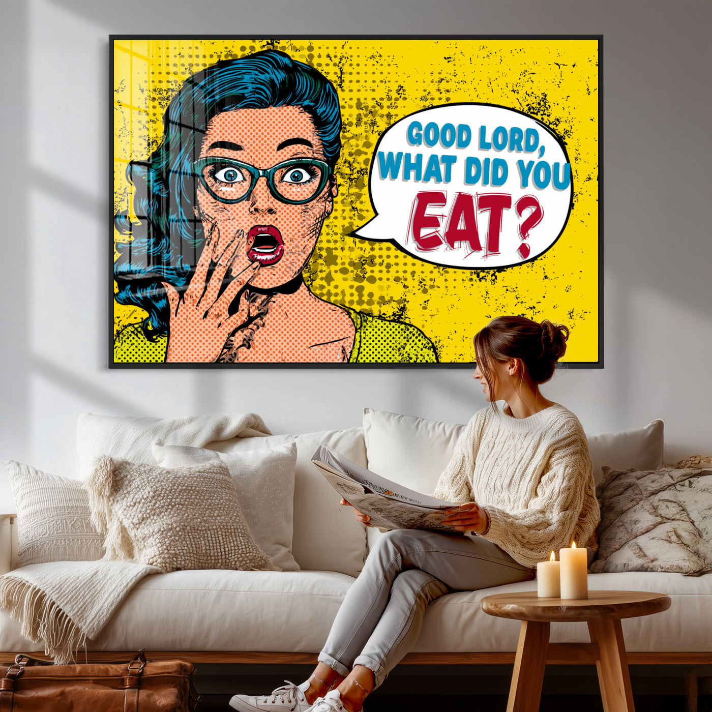 88217969-MGV-CV-36X24 - Pop Art Print Bathroom Sign Wall Art Canvas Print — Funny Bathroom Canvas | Comic Style Toilet Wall Decor | Humor Gift | Yellow Bold Bathroom Art
