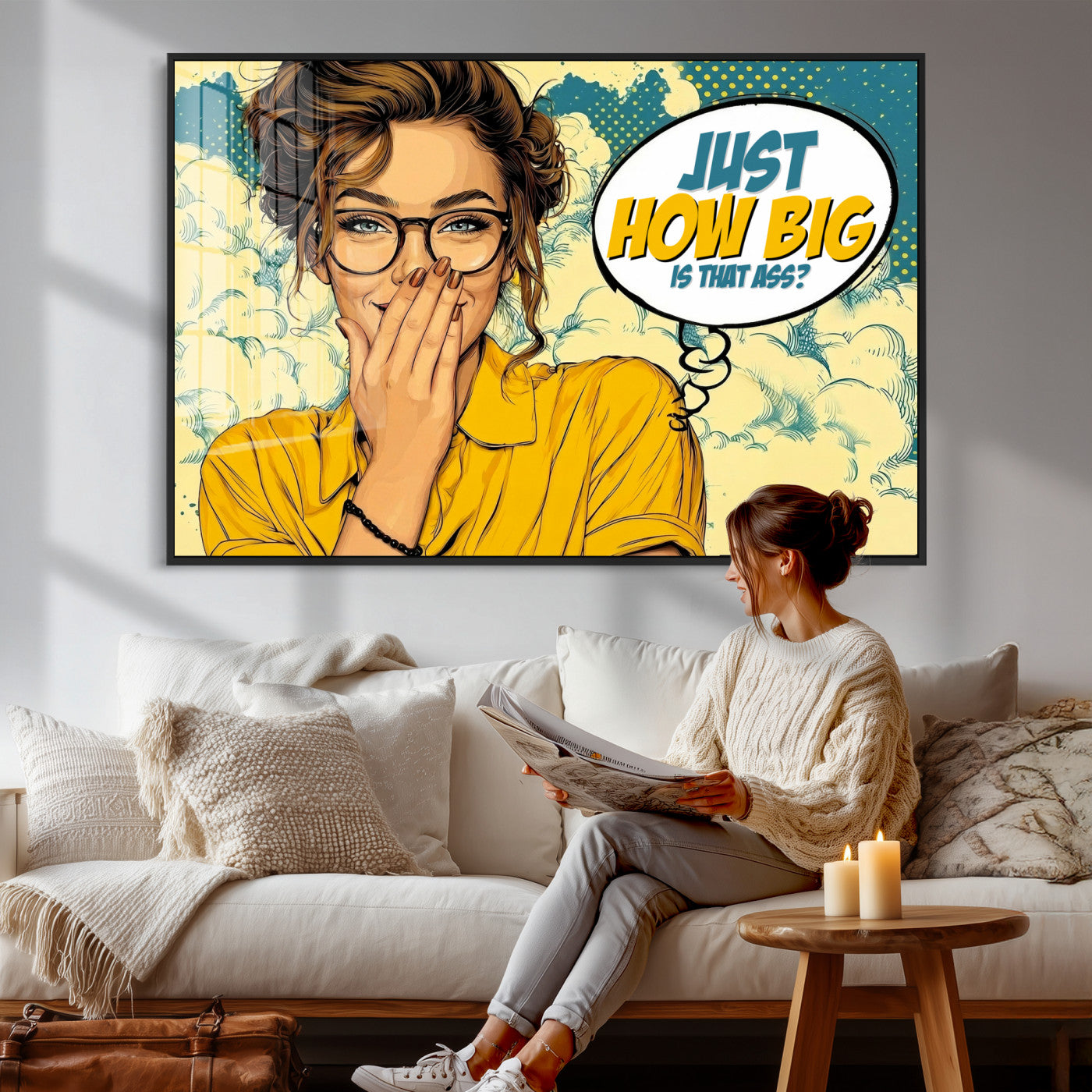 T79156505-MGV-CV-36X24 - Pop Art Print Bathroom Sign Wall Art Canvas Print — Funny Bathroom Canvas | Comic Style Toilet Wall Decor | Humor Gift | How Big Ass