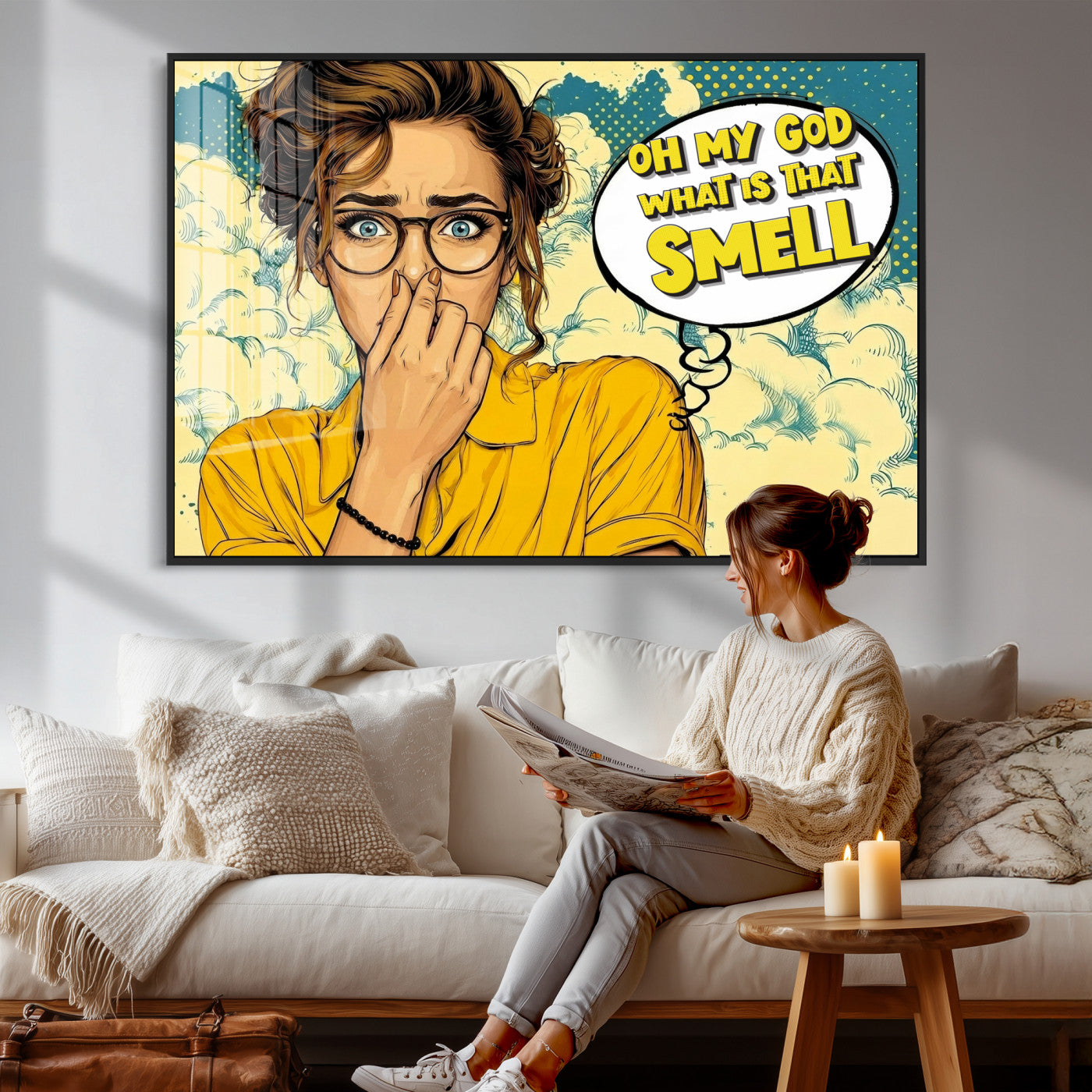 B79156505-MGV-CV-36X24 - Pop Art Print Bathroom Sign Wall Art Canvas Print — Funny Bathroom Canvas | Comic Style Toilet Wall Decor | Humor Gift | What is that Smell