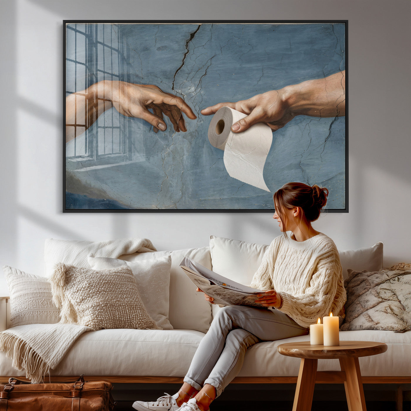 42648143-MGV-CV-36X24 - Funny Bathroom Canvas Wall Art, Michelangelo Creation of Adam Toilet Paper Parody, Renaissance Humor Print, Quirky Housewarming Gift, Toilet Room Decor