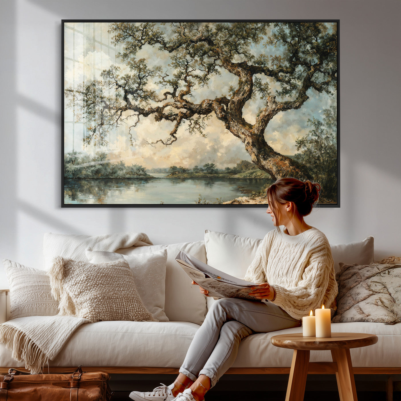 63857726-MGV-CV-36X24 - Old Oak Tree Canvas Wall Art, Turner Inspired Romantic Landscape Print, Vintage Nature Painting, Living Room Wall Decor, Antique Style Tree Art