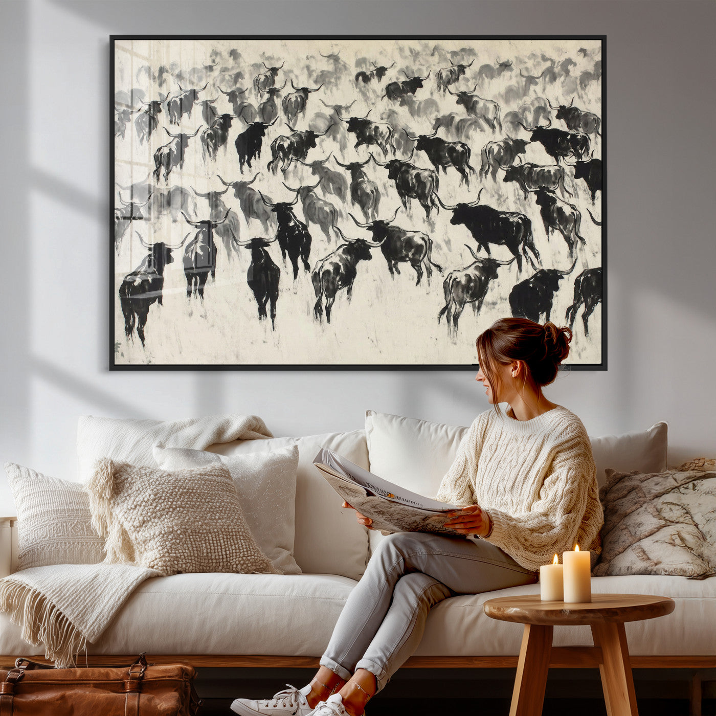 68669792-MGV-CV-36X24 - Longhorn Cattle Canvas Wall Art, Black White Stampede Ink Painting Print, Western Farmhouse Decor, Bull Herd Art, Large Living Room Wall Art, Ranch Home Decor