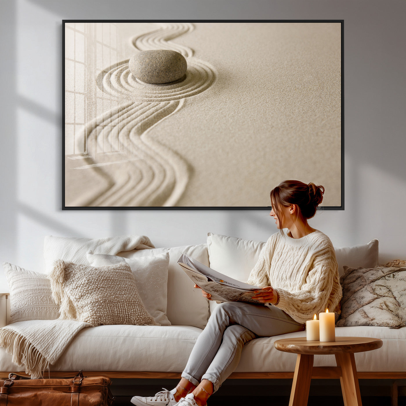 66852661-MGV-CV-36X24 - Zen Garden Stone Sand Canvas | Japanese Rock Garden Wall Art | Minimalist Meditation Print | Neutral Beige Mindfulness Decor