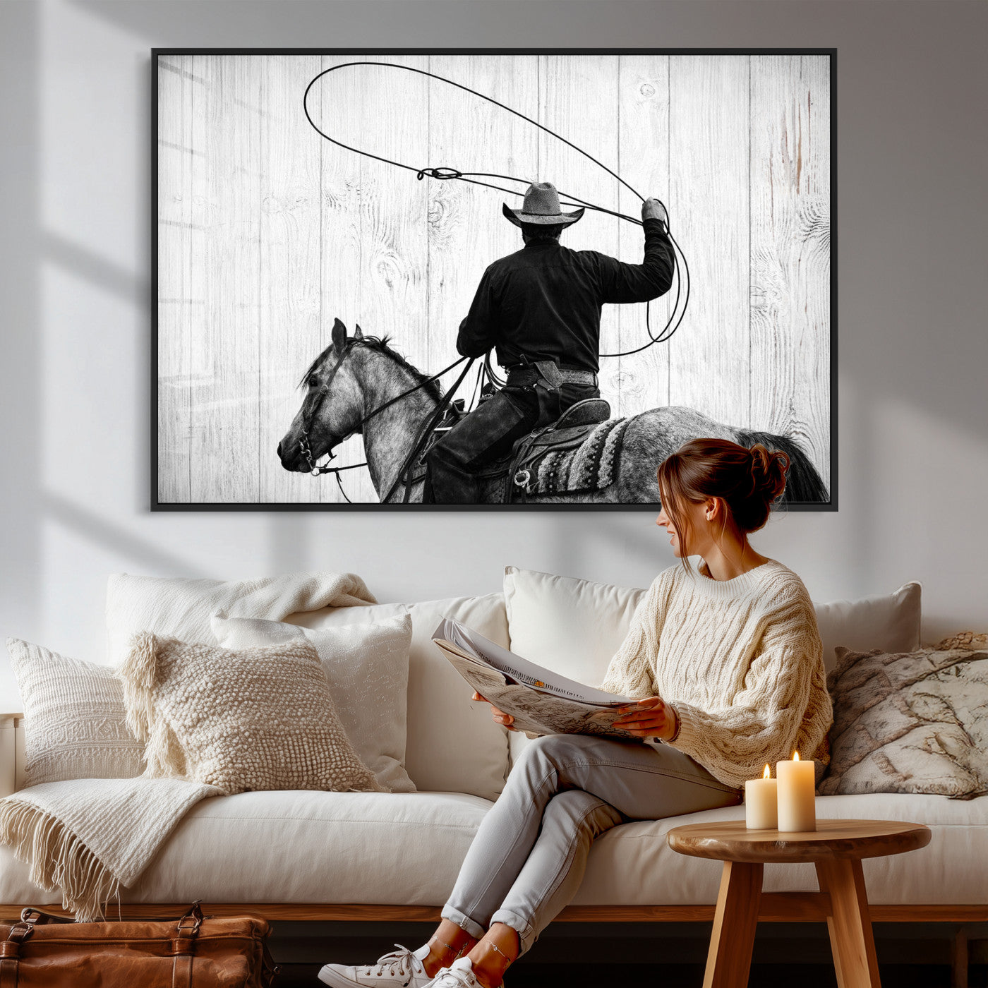 22569358-MGV-CV-36X24 - Cowboy Lasso Canvas Wall Art, Black White Western Horse Photo Print, Rustic Ranch Rodeo Decor, Farmhouse Western Art, Cowboy Gift for Him