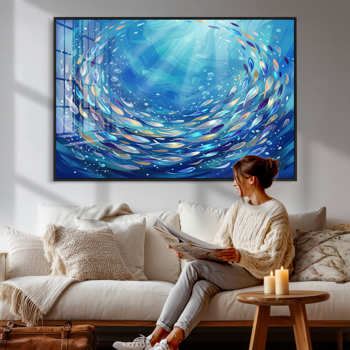 78699899-MGV-CV-36X24 - School of Fish Canvas Print | Blue Ocean Underwater Wall Art | Swirling Fish Shoal Illustration | Marine Navy Coastal Decor