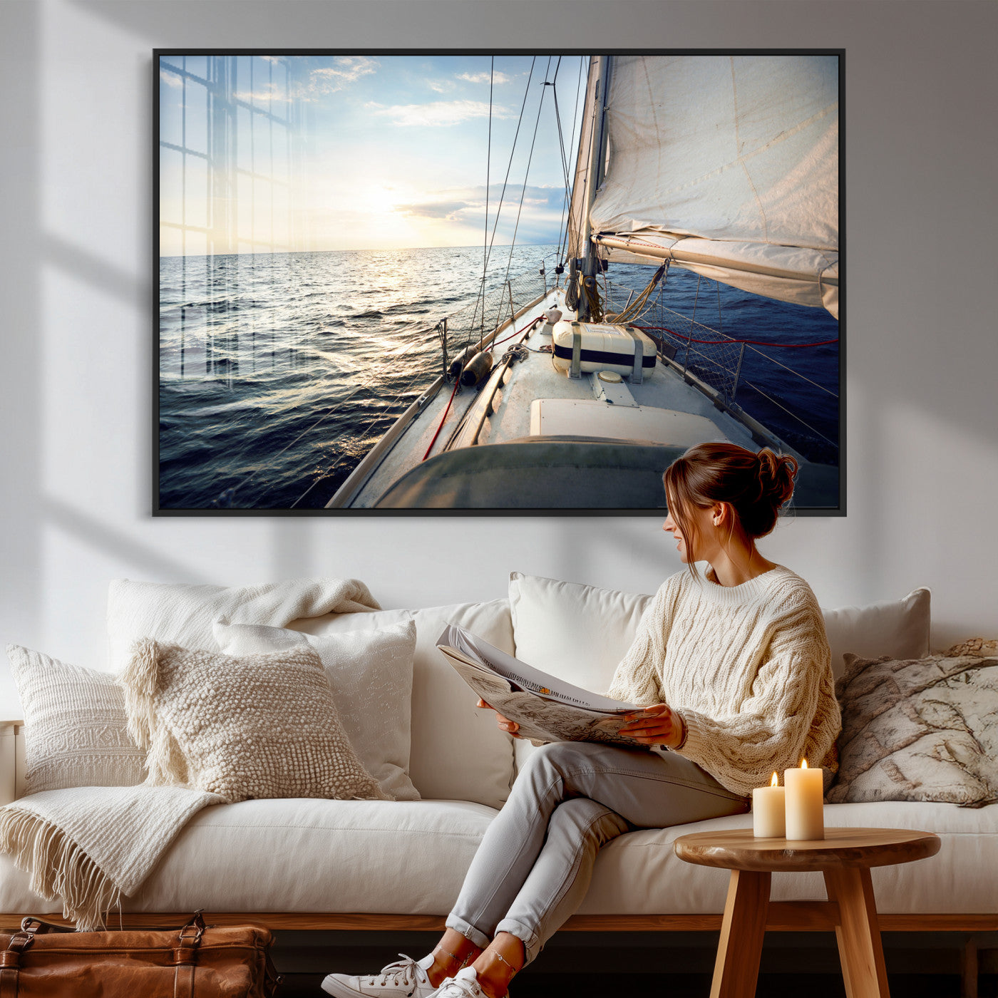 76381335-MGV-CV-36X24 - Sailboat Wall Art Canvas Print, Ocean Sunset Sailing Framed Artwork, Coastal Nautical Seascape Decor for Living Room Office Beach House