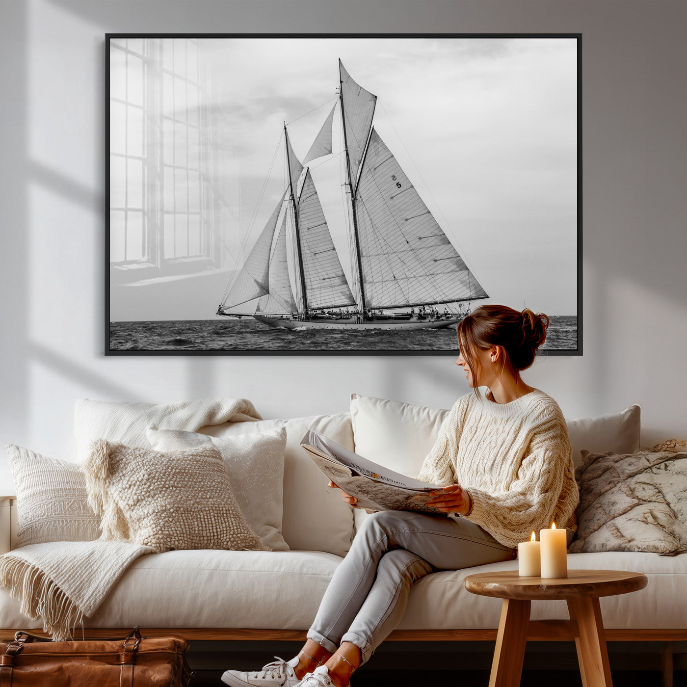 52882918-MGV-CV-36X24 - Vintage Sailboat Wall Art Canvas Print, Black and White Schooner Framed Artwork, Nautical Ocean Sailing Decor for Living Room Office Beach House