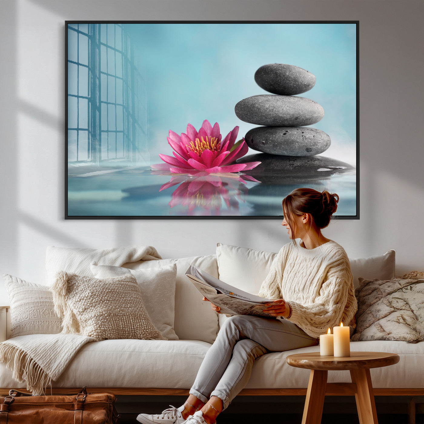 84293154-MGV-CV-36X24 - Zen Canvas Wall Art Lotus Flower Stacked Stones Teal Spa Meditation Relaxation Framed Large for Bathroom Bedroom Living Room Office Decor