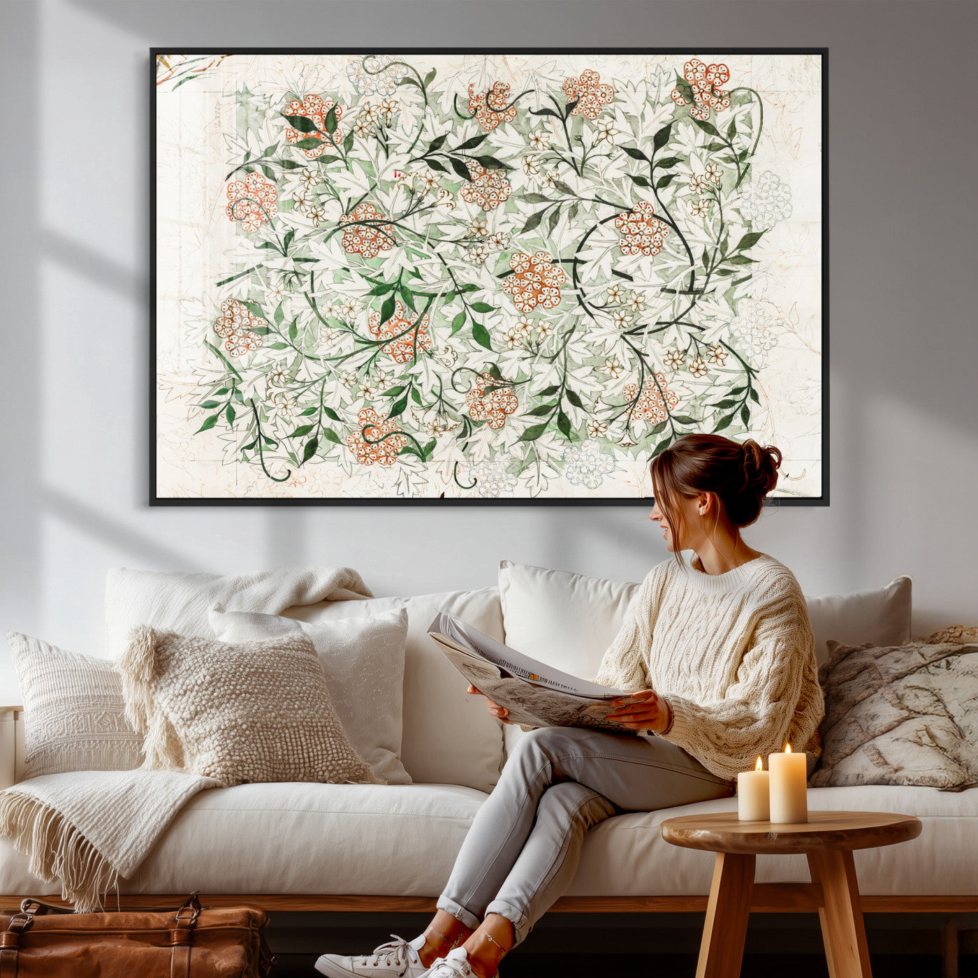 17622011W-MGV-CV-36X24 - William Morris Jasmine Flower Wall Art Canvas Print, Botanical Floral Canvas Print, Vintage Cottagecore Wall Decor, Framed Nature Artwork Ready to Hang