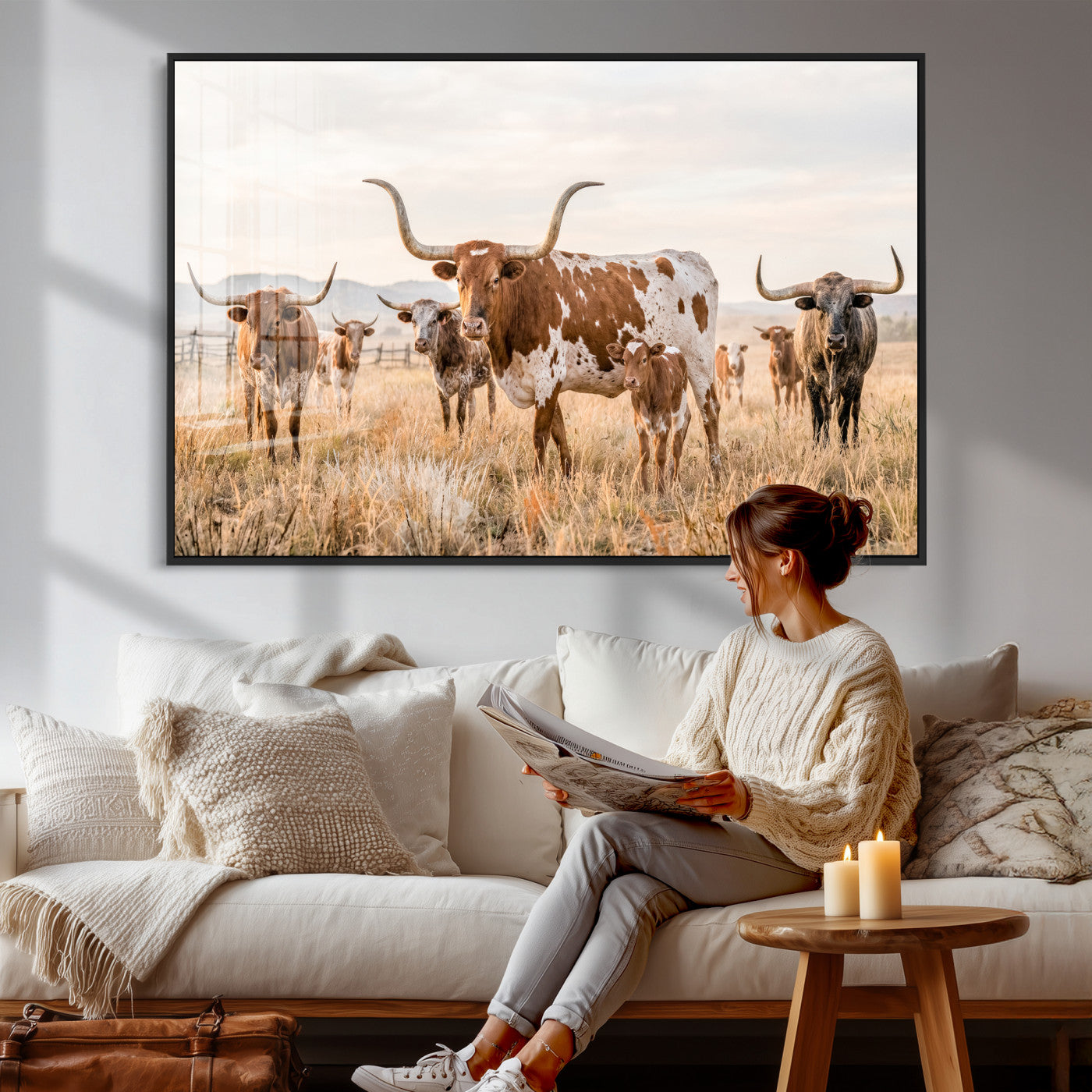 62336425AC-MGV-CV-36X24 - Texas Longhorn Canvas Wall Art, Rustic Farm Animal Photography Print, Farmhouse Country Decor, Western Ranch Art