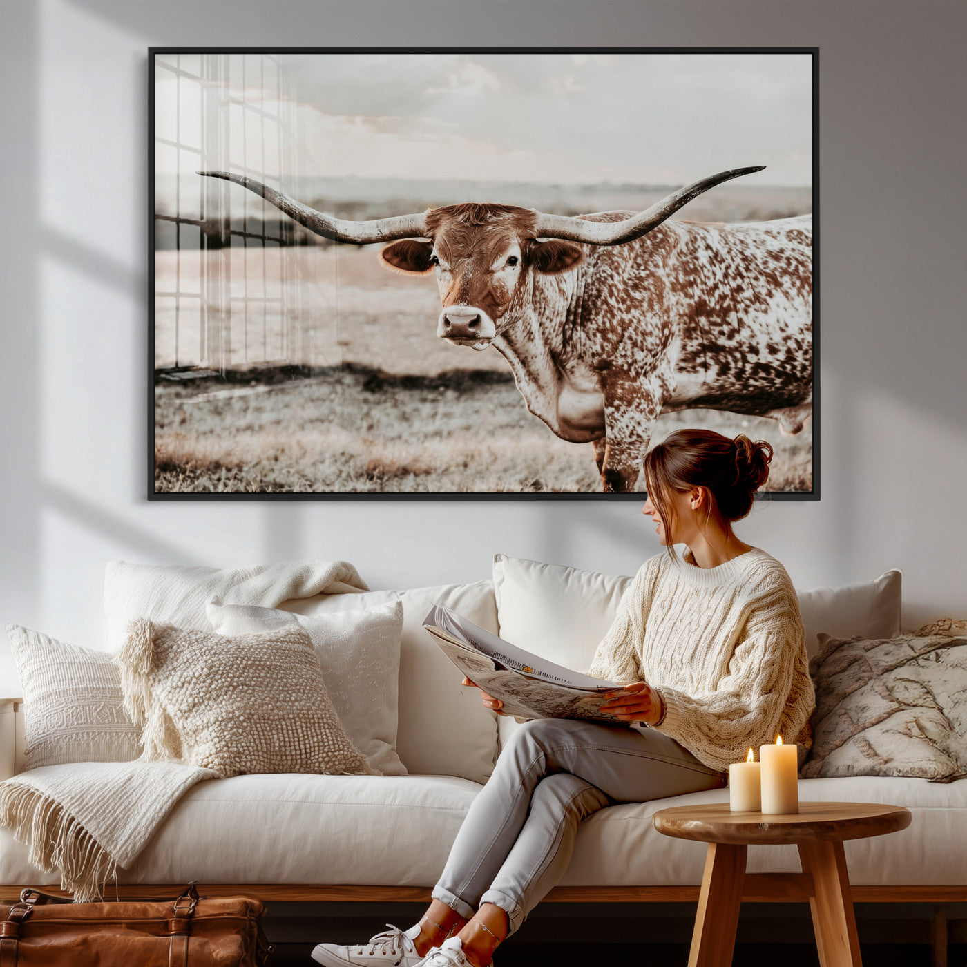 62910-MGV-CV-36X24 - Texas Longhorn Canvas Wall Art Print – Majestic Western Cattle in Rustic Farmhouse Decor – Cowboy Wall Decor