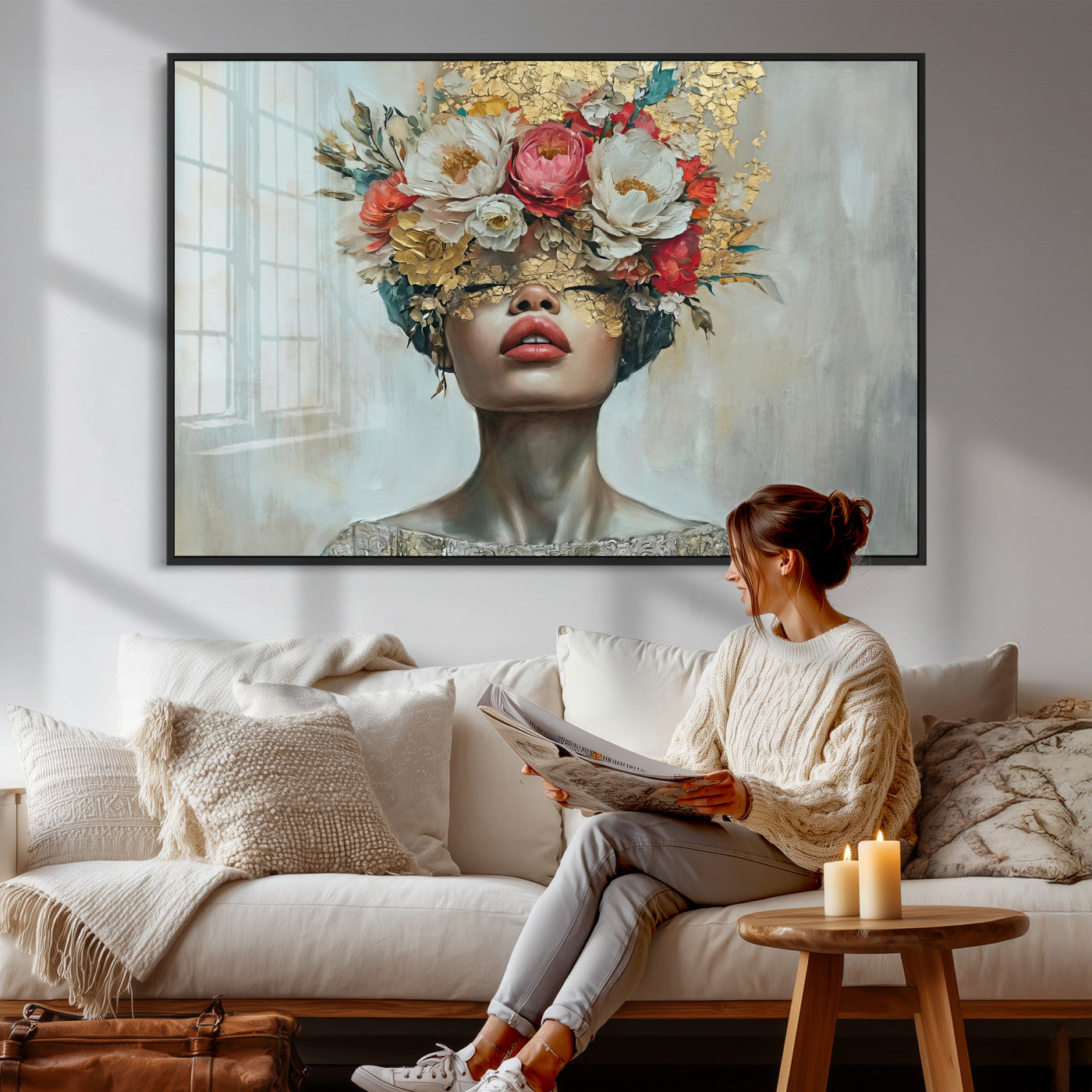 26919-MGV-CV-36X24 - Golden Petal Wall Art Canvas Print - Silhouette Woman Wall Art Canvas Print, Floral Woman Portrait