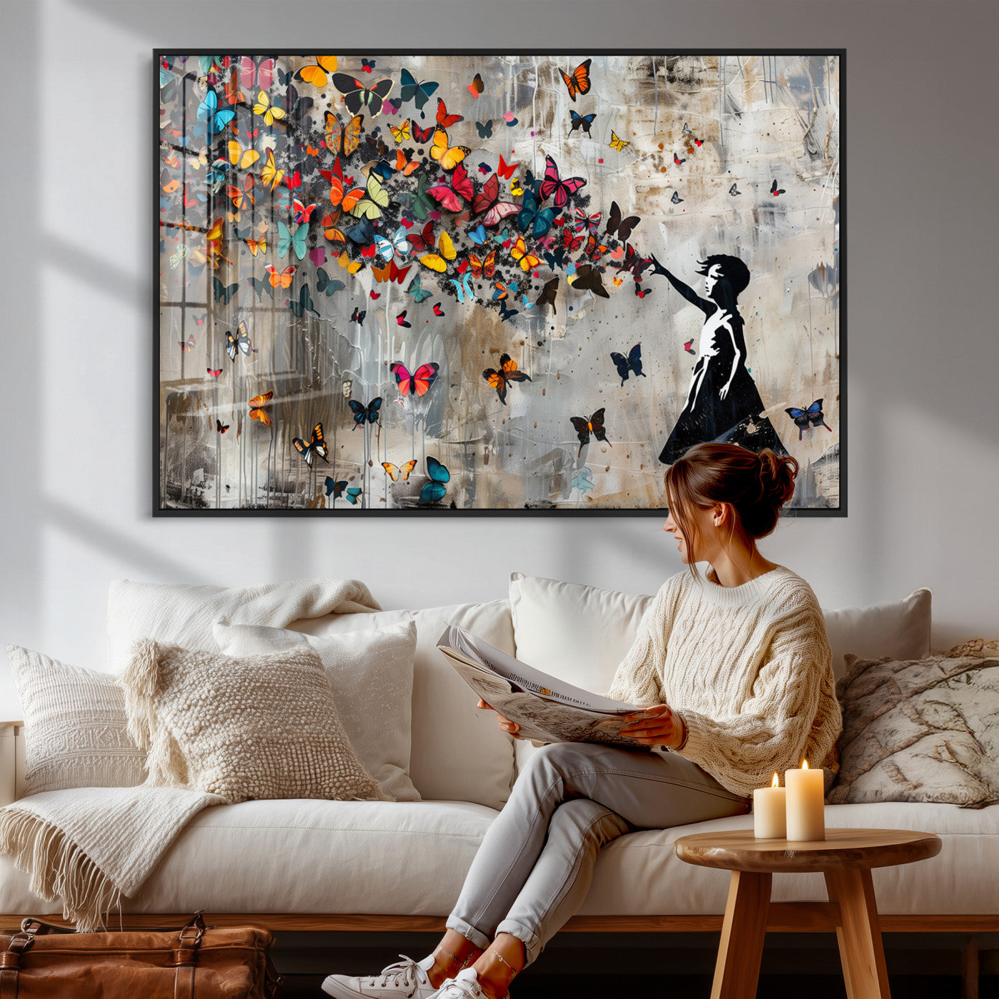 40269-MGV-CV-36X24 - Banksy Wall Art - Banksy Girl and Butterfly Explosion Wall Art Canvas Print | Girl with Butterflies