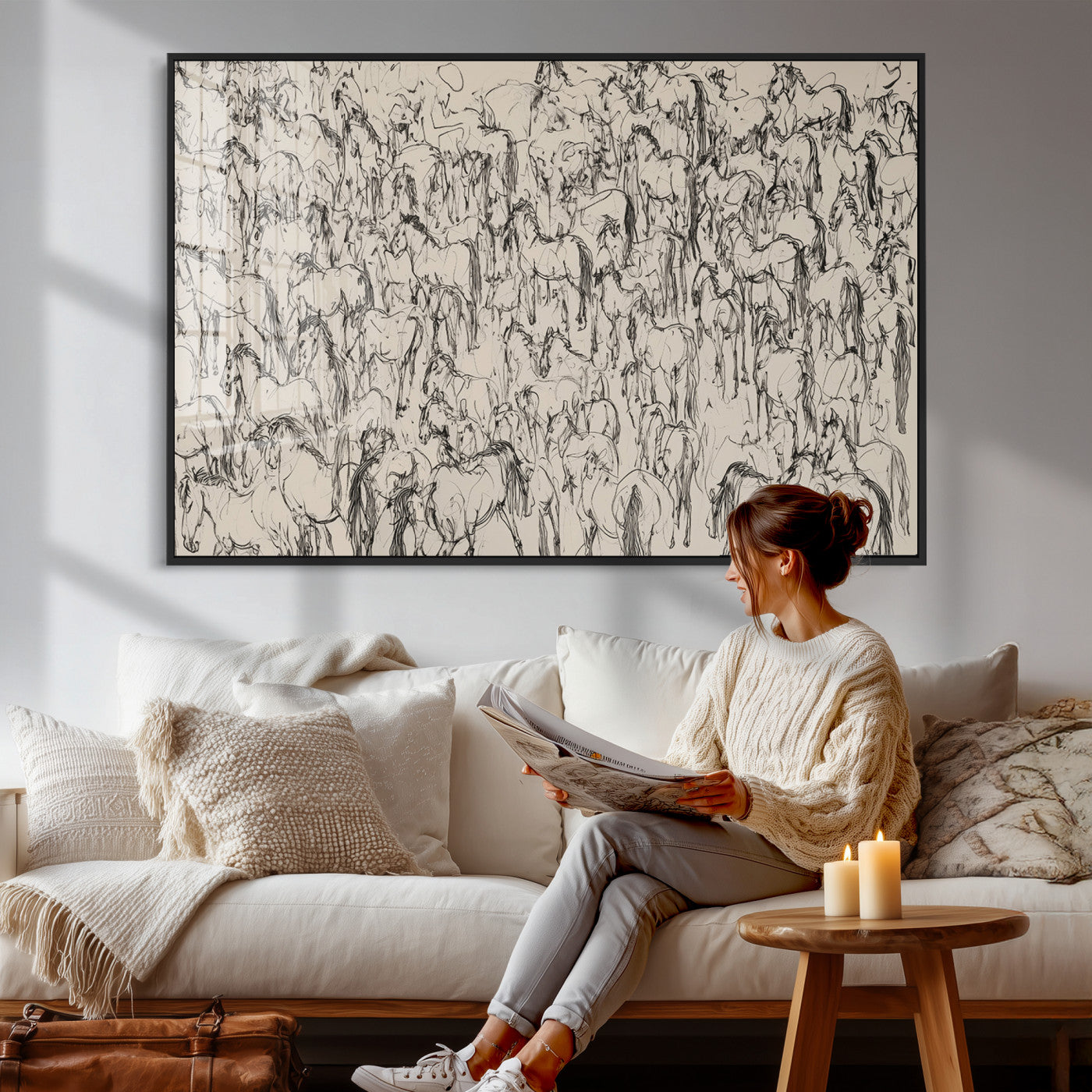 25718-MGV-CV-36X24 - Abstract Horse Sketch Wall Art | Ready to Hang and Framed | Farmhouse Wall Decor for Barn Wall